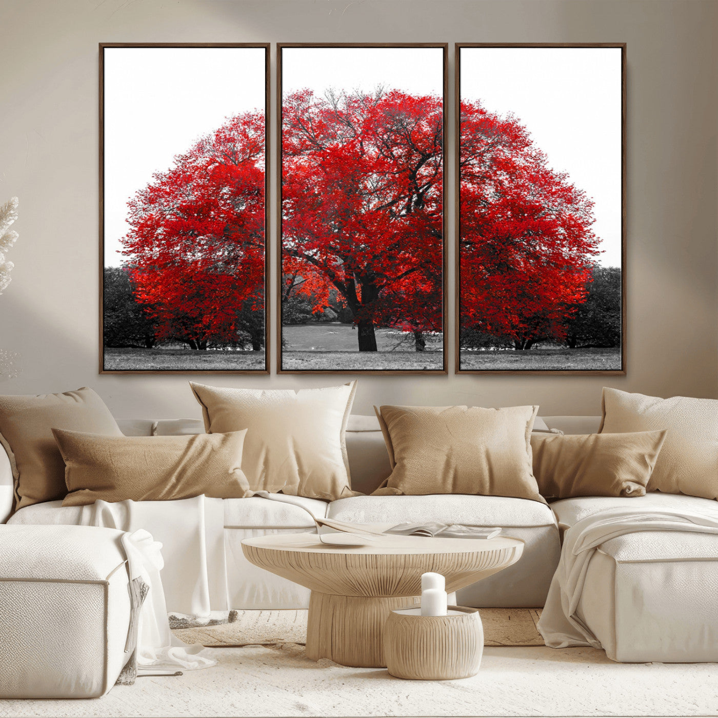 80021-MGV-CV-36X24-Red Tree Wall Art – Striking Black and White Landscape Canvas Print with Vibrant Red Leaves, Modern Nature Decor for Living Room