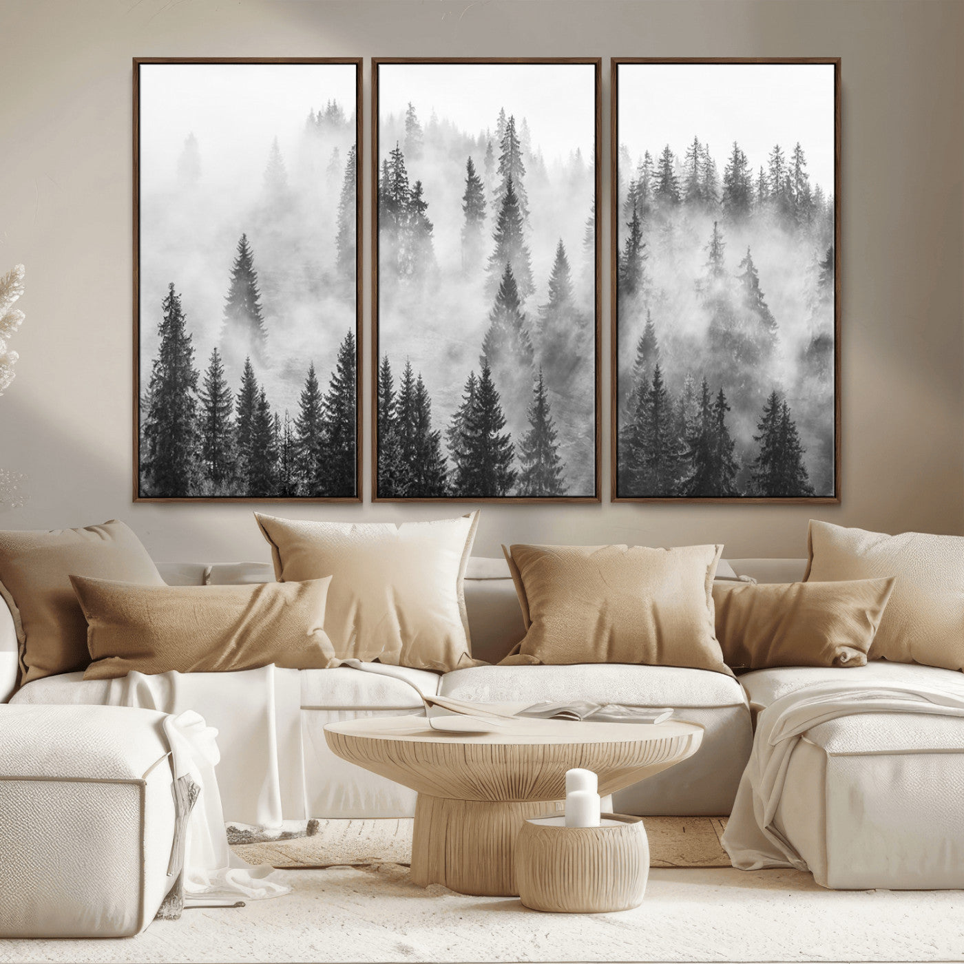 10422-MGV-CV-36X24-Misty Pine Forest Wall Art – Black and White Foggy Landscape Canvas Print, Serene Nature Woodland Decor for Bedroom, Office or