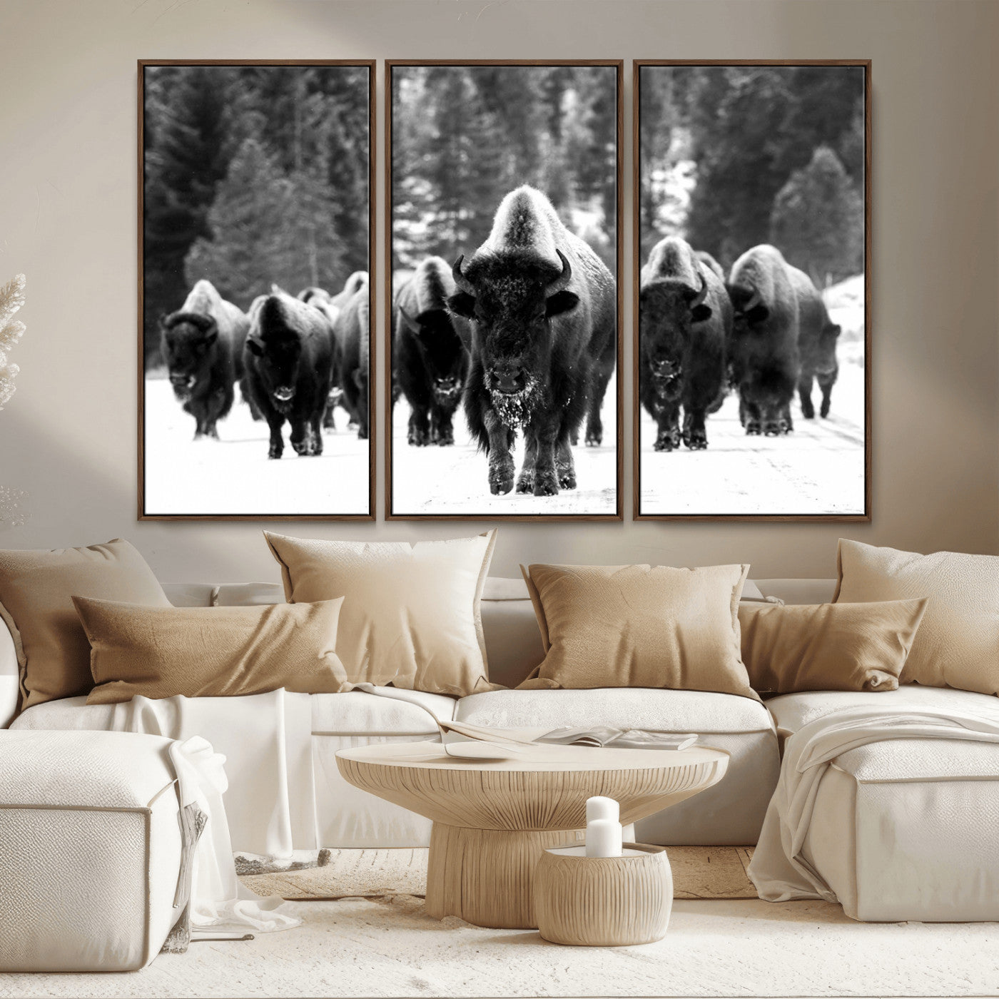 62434-MGV-CV-36X24-Bison Herd Wall Art – Majestic Black and White Buffalo Canvas Print, Wildlife Nature Photography Decor for Living Room, Office or