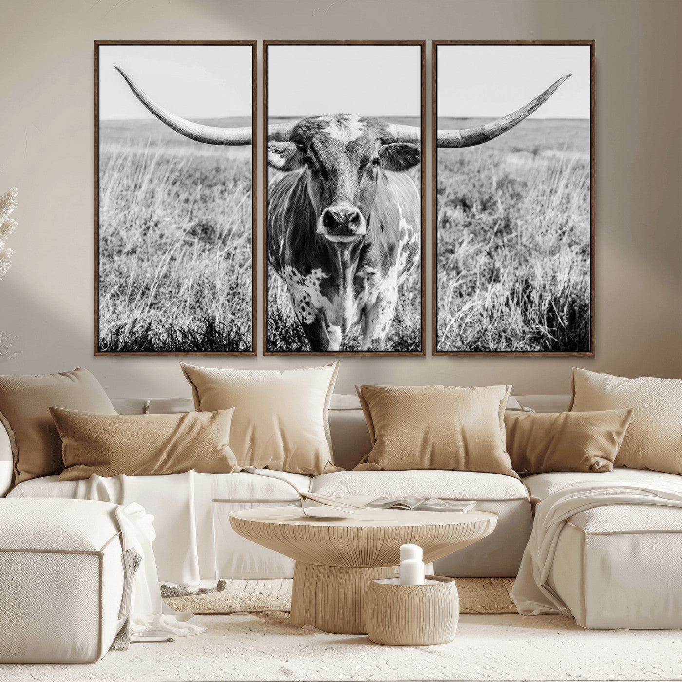 77320-MGV-CV-36X24-Texas Longhorn Wall Art – Black and White Western Cattle Canvas Print, Rustic Farmhouse Animal Photography Decor for Living Room,