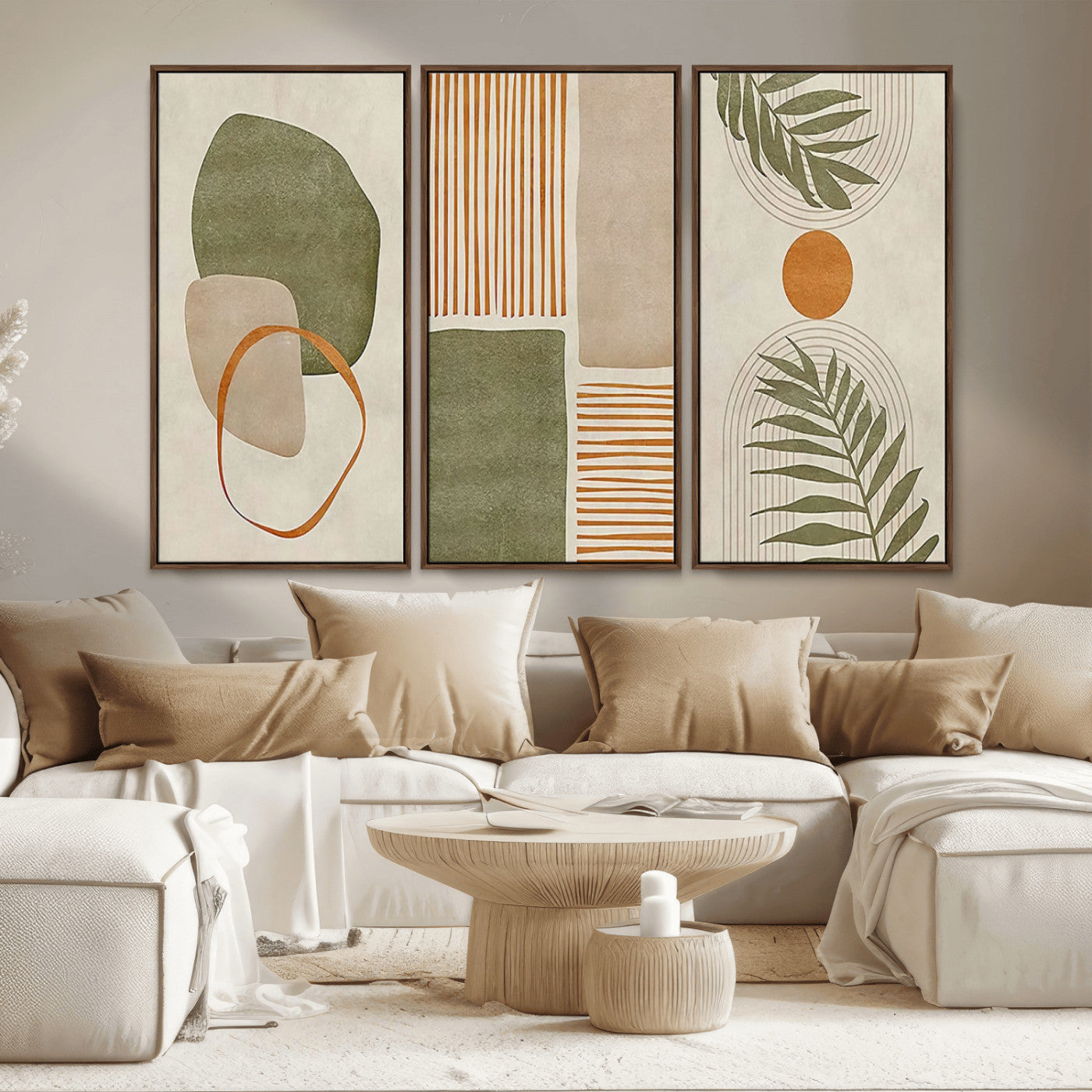 96002-MGV-CV-36X24-Abstract Geometric Wall Art – Modern Canvas Print with Green, Orange & Beige Shapes, Minimalist Home Decor for Living Room, Office
