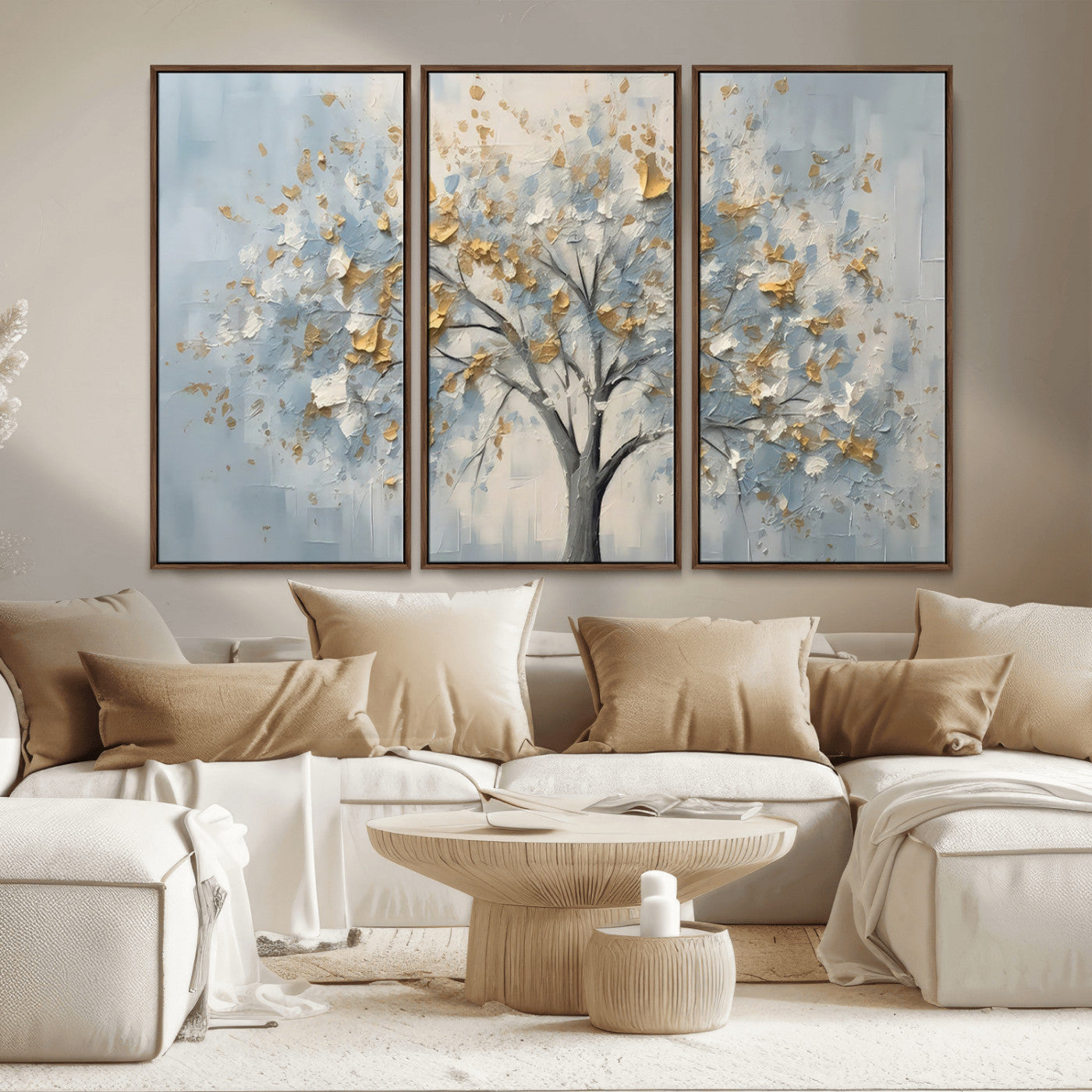 65811-MGV-CV-36X24-Abstract Tree Wall Art – Textured Canvas Painting with Gold and White Leaves, Modern Nature Inspired Decor for Living Room or