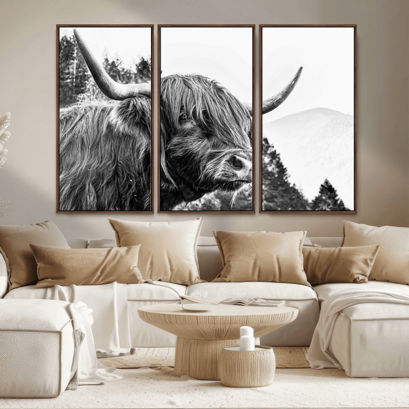 61570-MGV-CV-36X24-Highland Cow Wall Art – Black and White Scottish Bull Canvas Print, Rustic Farmhouse Animal Decor for Living Room, Bedroom, or