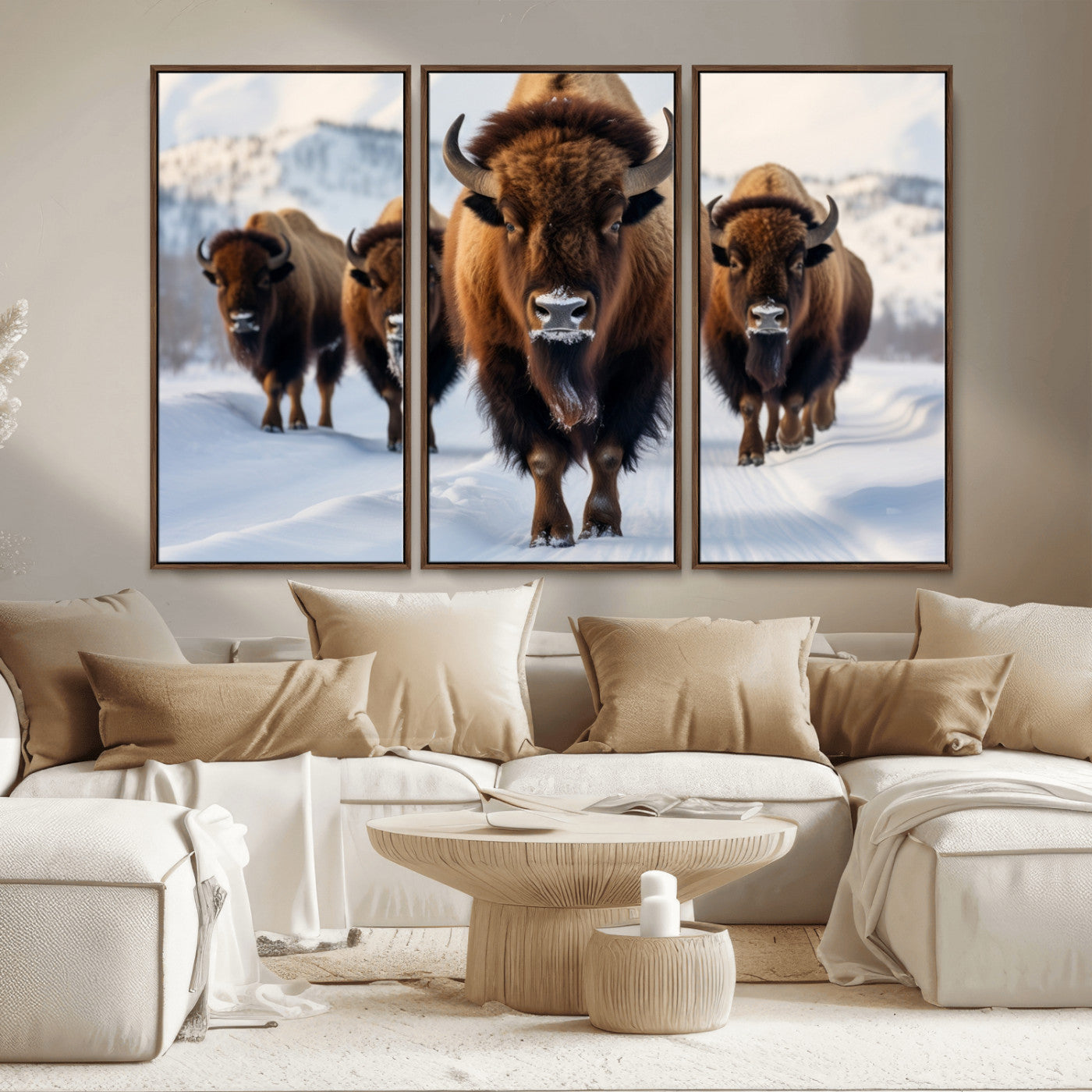 56701-MGV-FC-48X32-3P_Walnut-Bison Herd Wall Art – Buffalo Walking in Snowy Mountains Canvas Print, Rustic Wildlife Decor for Cabin, Lodge, or Living Room