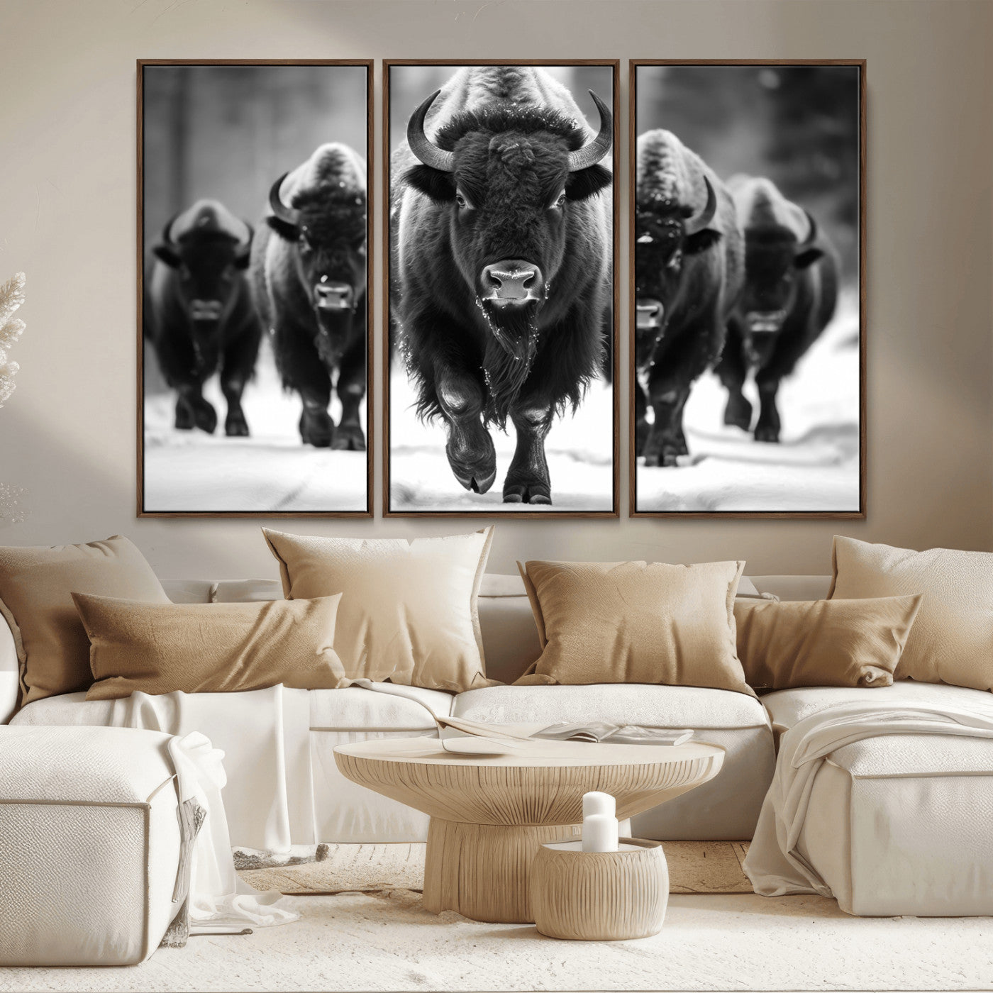 79872-MGV-CV-36X24-Bison Herd Wall Art – Black and White Buffalo on Snow Canvas Print, Rustic Wildlife Decor for Lodge, Cabin, or Living Room