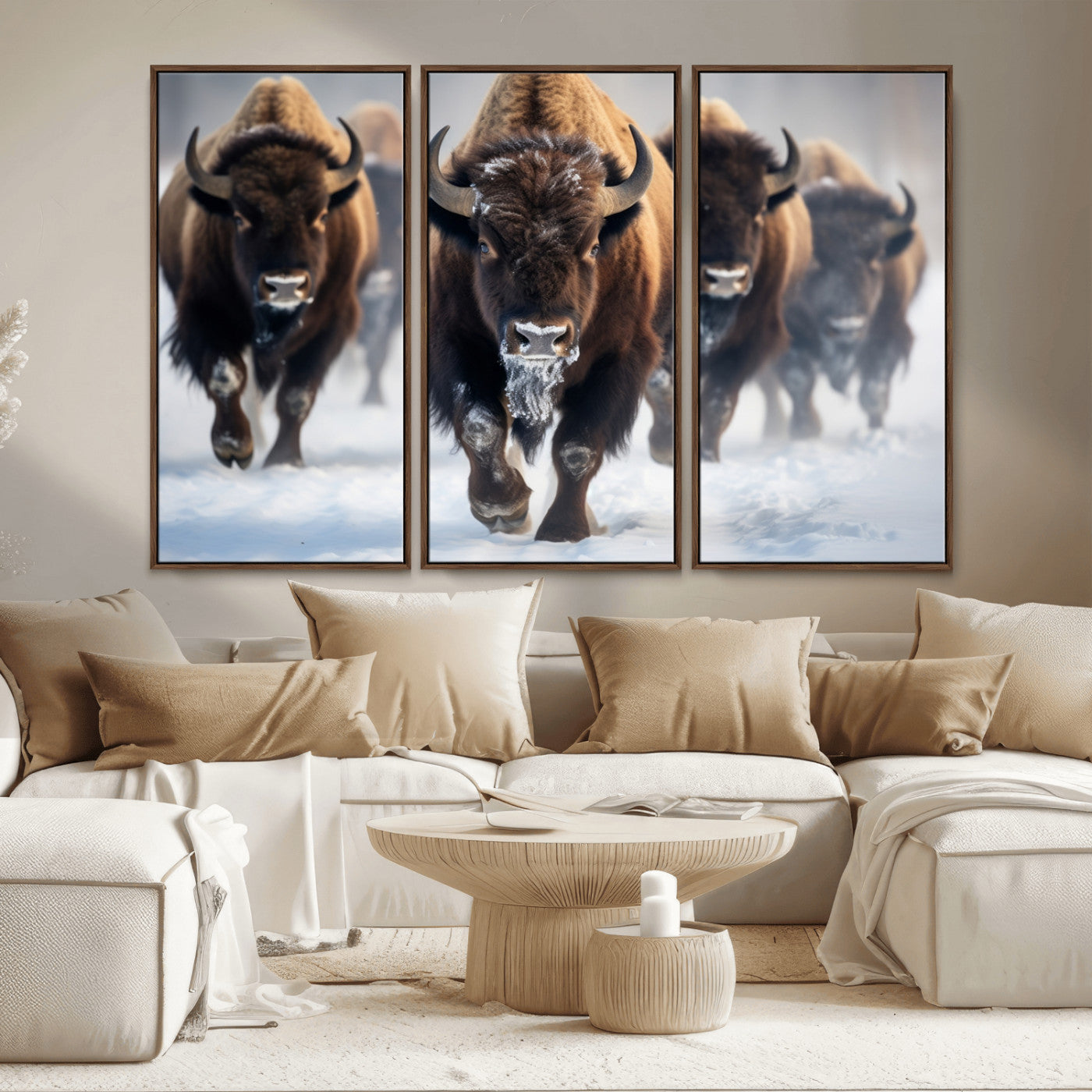 80512-MGV-CV-36X24-Bison Herd Wall Art – Buffalo Running in Snow Canvas Print, Rustic Wildlife Photography Decor for Cabin, Lodge, or Living Room