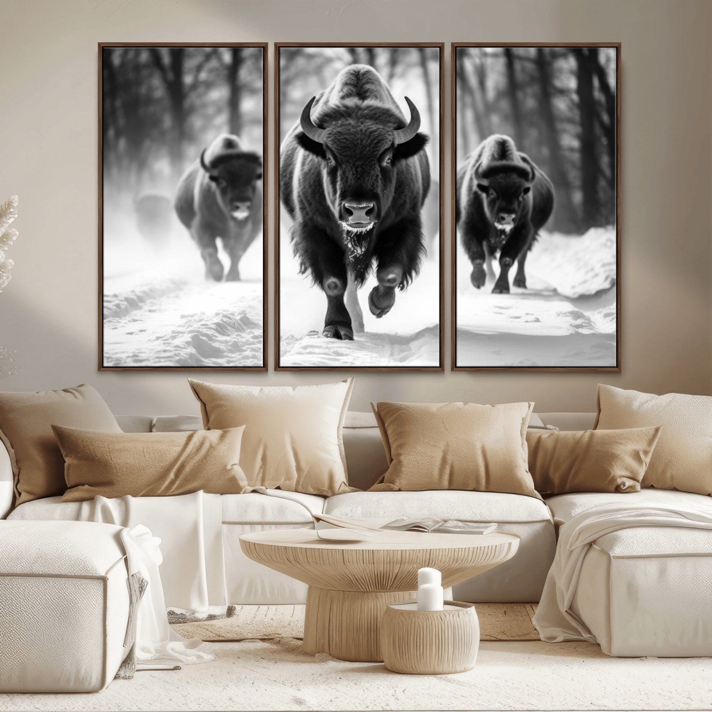 97552-MGV-CV-36X24-Black and White Bison Wall Art – Buffalo Herd Running in Snow Canvas Print, Rustic Wildlife Photography Decor for Cabin, Lodge, or