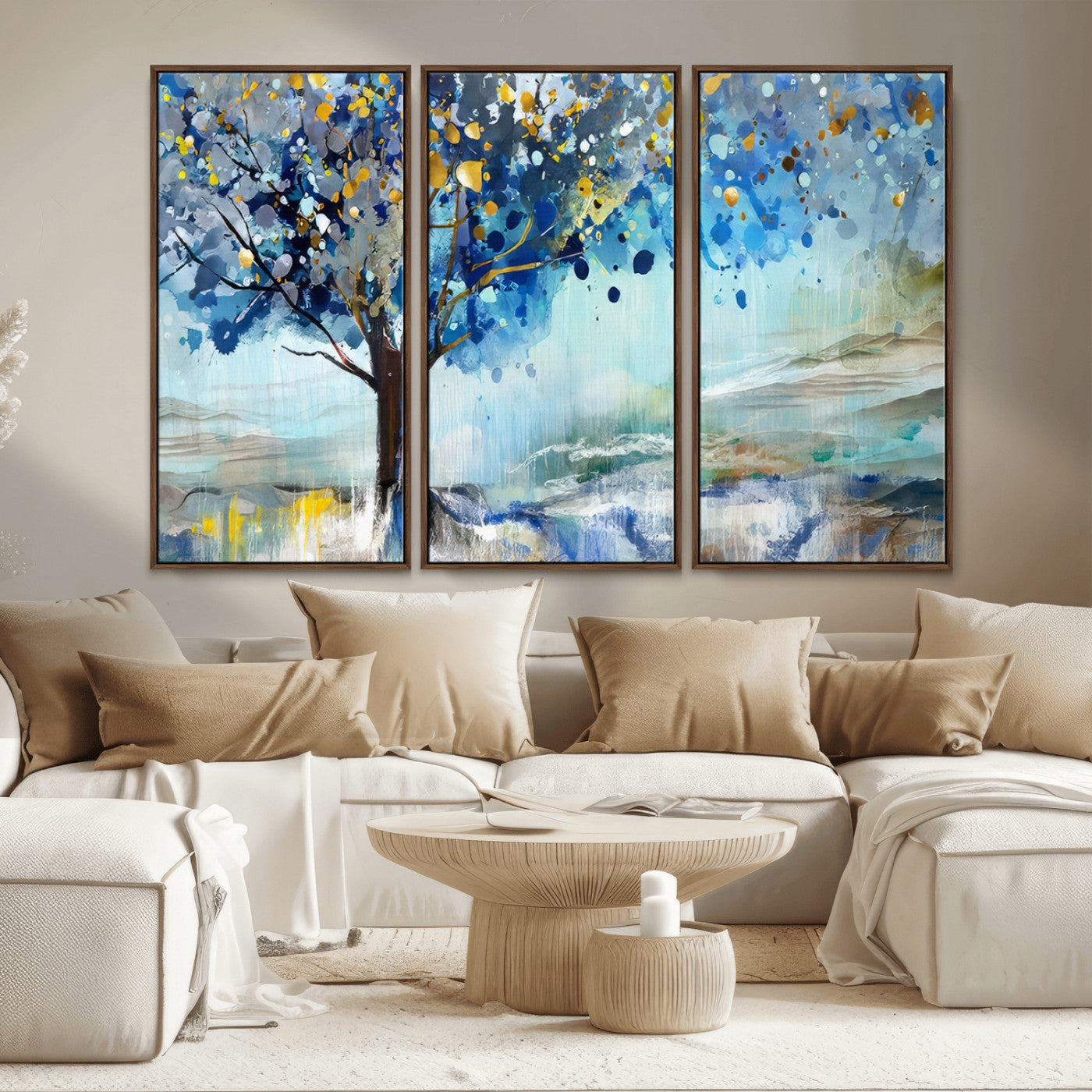 17018-MGV-CV-36X24-Abstract Blue Tree Wall Art – Colorful Canvas Painting with Gold and Silver Accents, Modern Nature Artwork for Living Room,