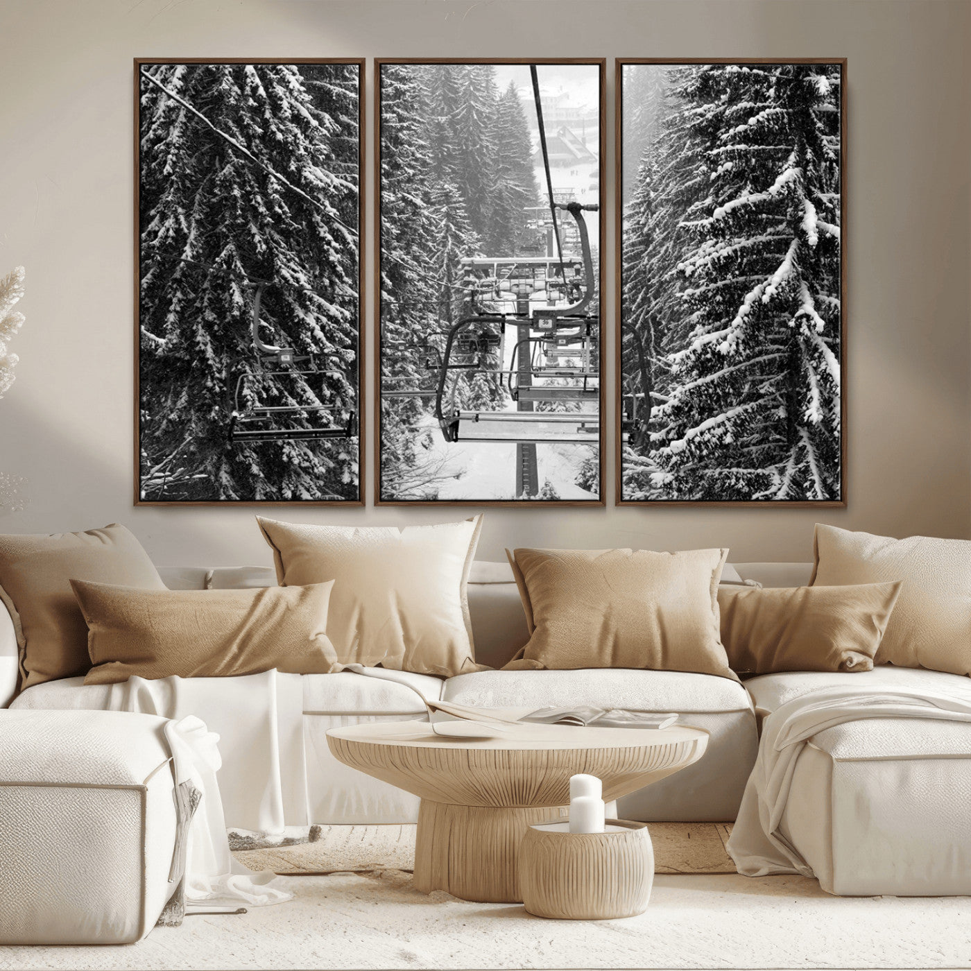 19240-MGV-CV-36X24-Ski Lift Wall Art – Black and White Winter Mountain Canvas Print, Snowy Forest Ski Resort Photography for Cabin, Lodge, Office or
