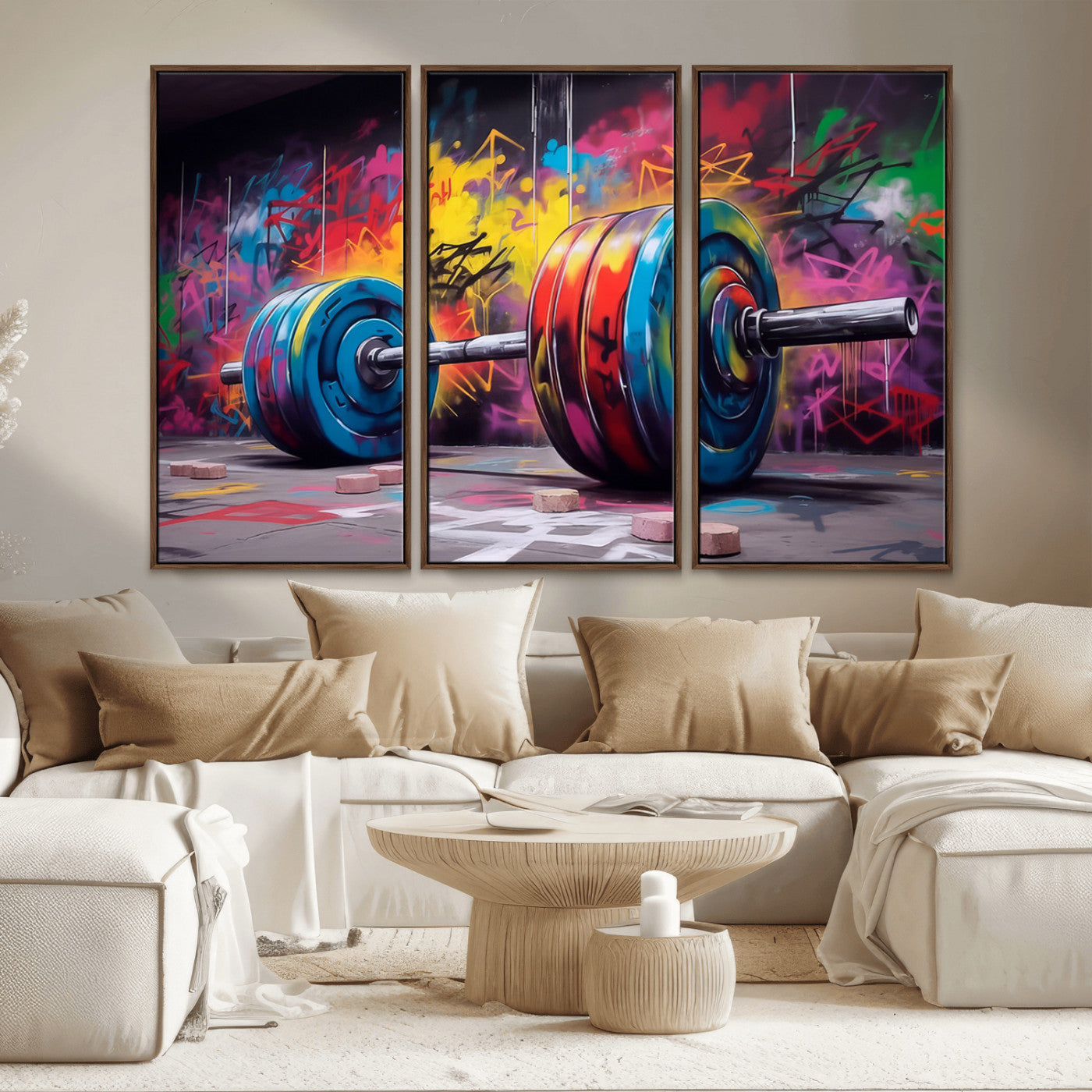 13549-MGV-CV-36X24-Graffiti Gym Wall Art Canvas Print, Framed Graffiti Barbell Art Picture Print, Weightlifting Perfect Fitness Studio Decor Artwork