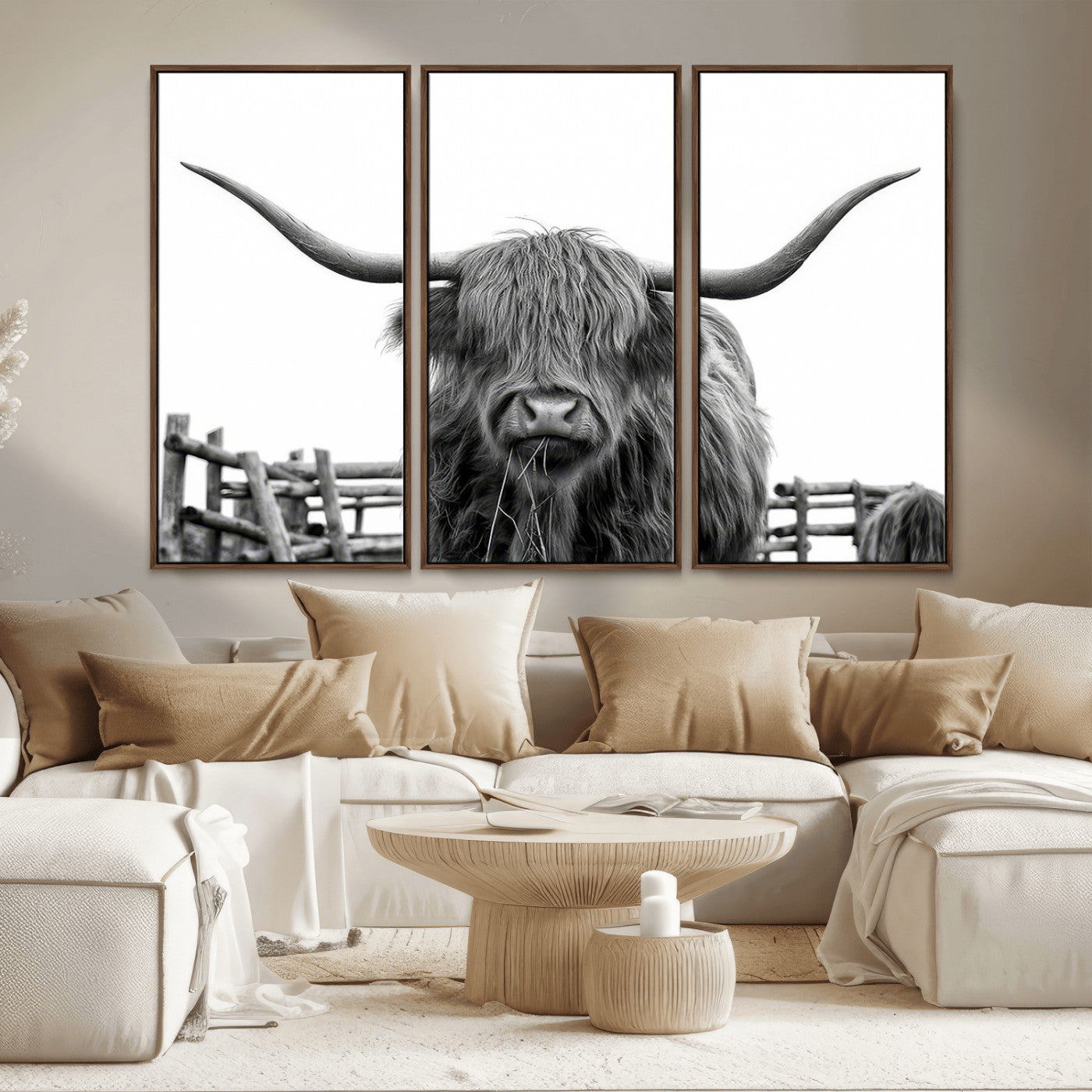 58188-MGV-CV-36X24-Highland Cow Wall Art – Black and White Rustic Farmhouse Canvas Print, Longhorn Cattle Photography Decor for Living Room or