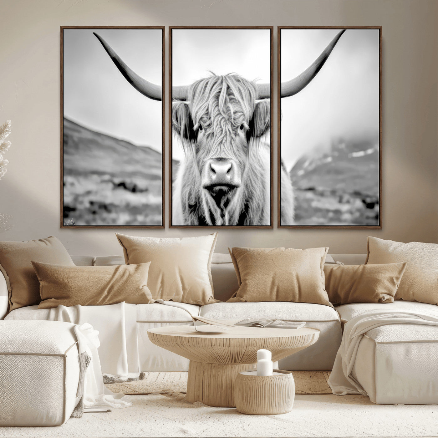 80564-MGV-CV-36X24-Highland Cow Wall Art – Black and White Scottish Highland Canvas Print, Rustic Farmhouse Decor for Living Room, Bedroom or Office