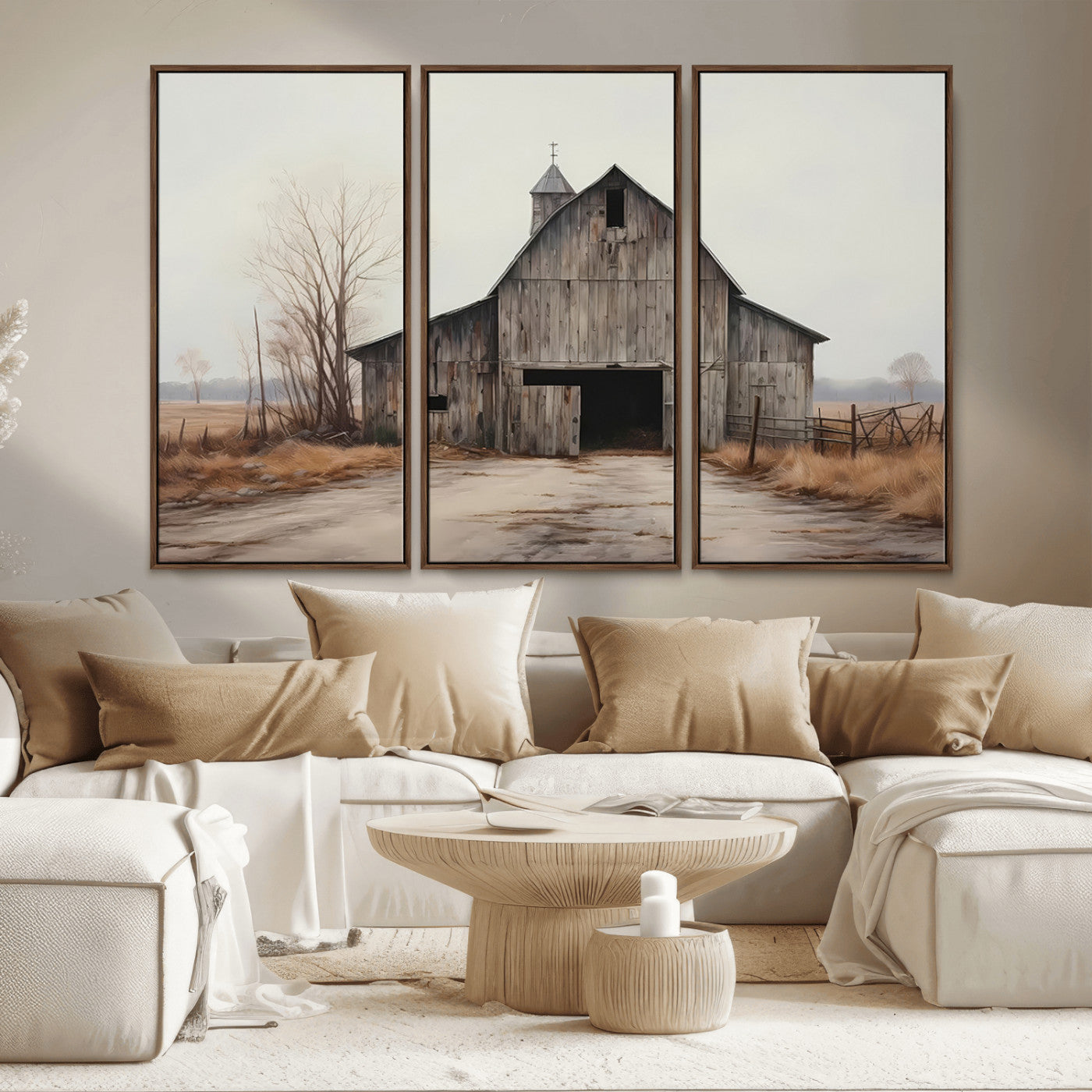 11602-MGV-FC-48X32-3P_Walnut-Old Barn Wall Art Canvas Print, Framed Rustic Barn Art Picture Print, Old Farmhouse Perfect Rustic Farmhouse Decor Artwork