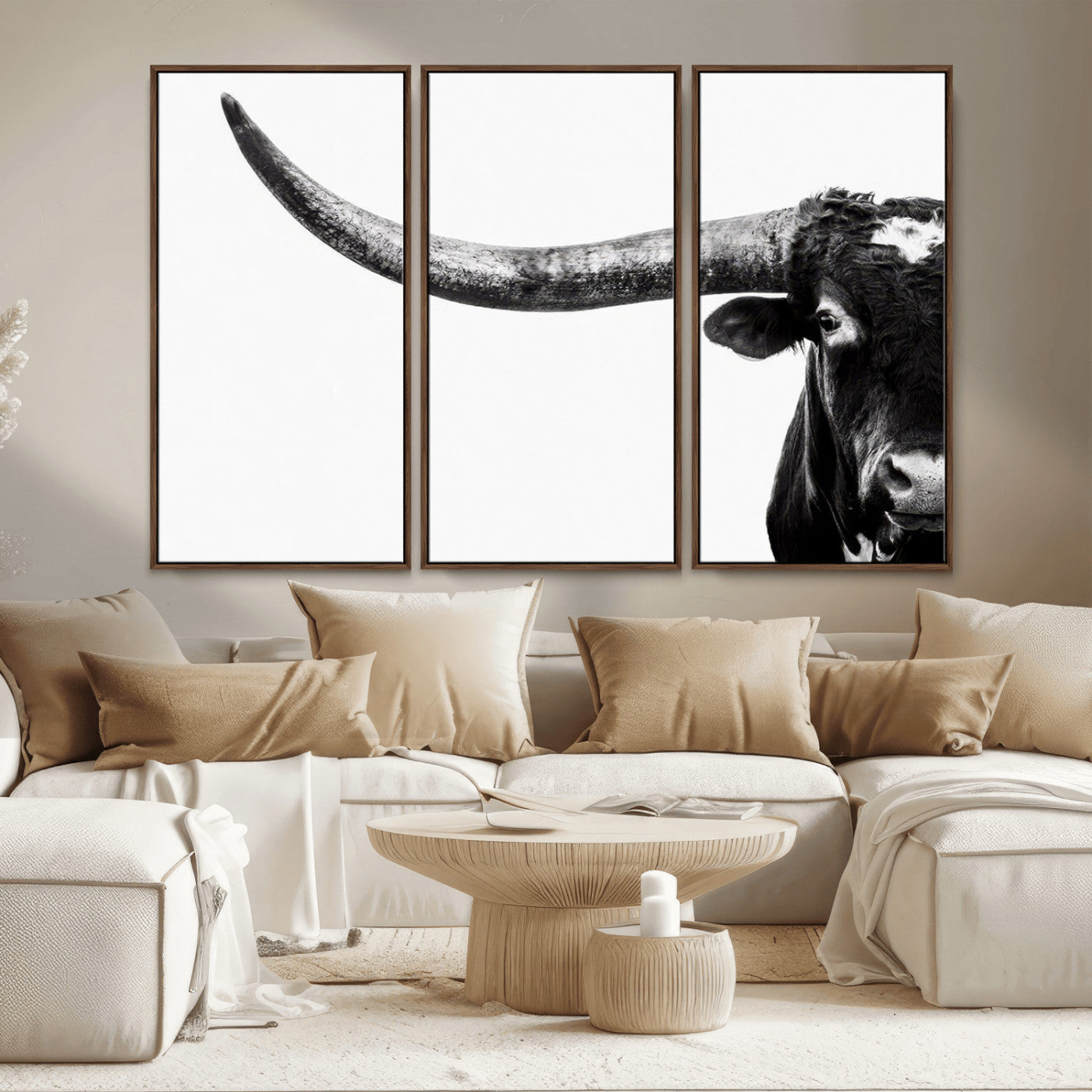 31699-MGV-CV-36X24-Longhorn Wall Art – Black and White Texas Longhorn Cow Canvas Print, Rustic Western Farmhouse Artwork for Living Room, Bedroom or