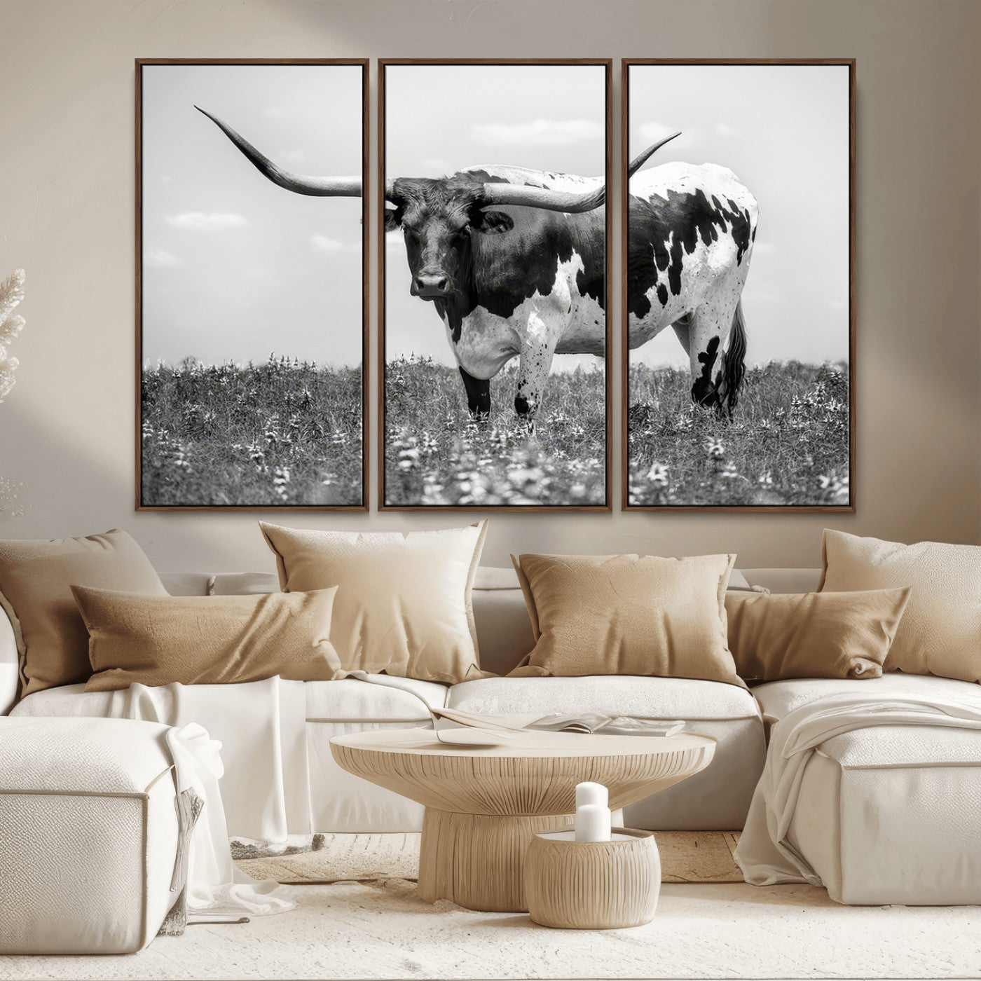 94709-MGV-CV-36X24-Texas Longhorn Wall Art – Black and White Bull Photography Canvas Print, Western Farmhouse Wall Decor for Living Room, Office or