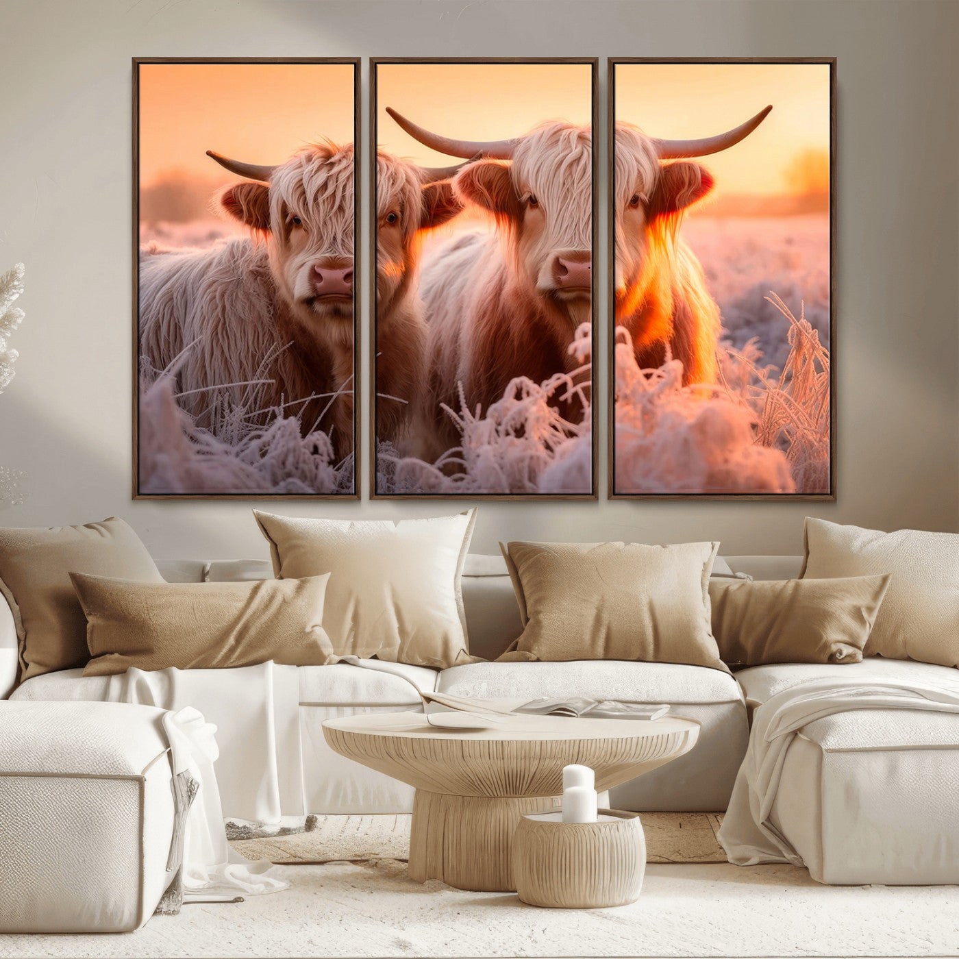 68253-MGV-CV-36X24-Highland Cow Wall Art – Rustic Farmhouse Cattle Canvas Print, Frosty Sunset Animal Artwork for Living Room, Bedroom or Country