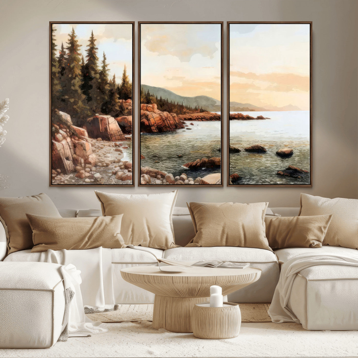 77145-MGV-CV-36X24-Coastal Landscape Wall Art – Panoramic Rocky Shoreline and Pine Trees Canvas Print, Rustic Nature Decor for Cabin, Lodge, Office,