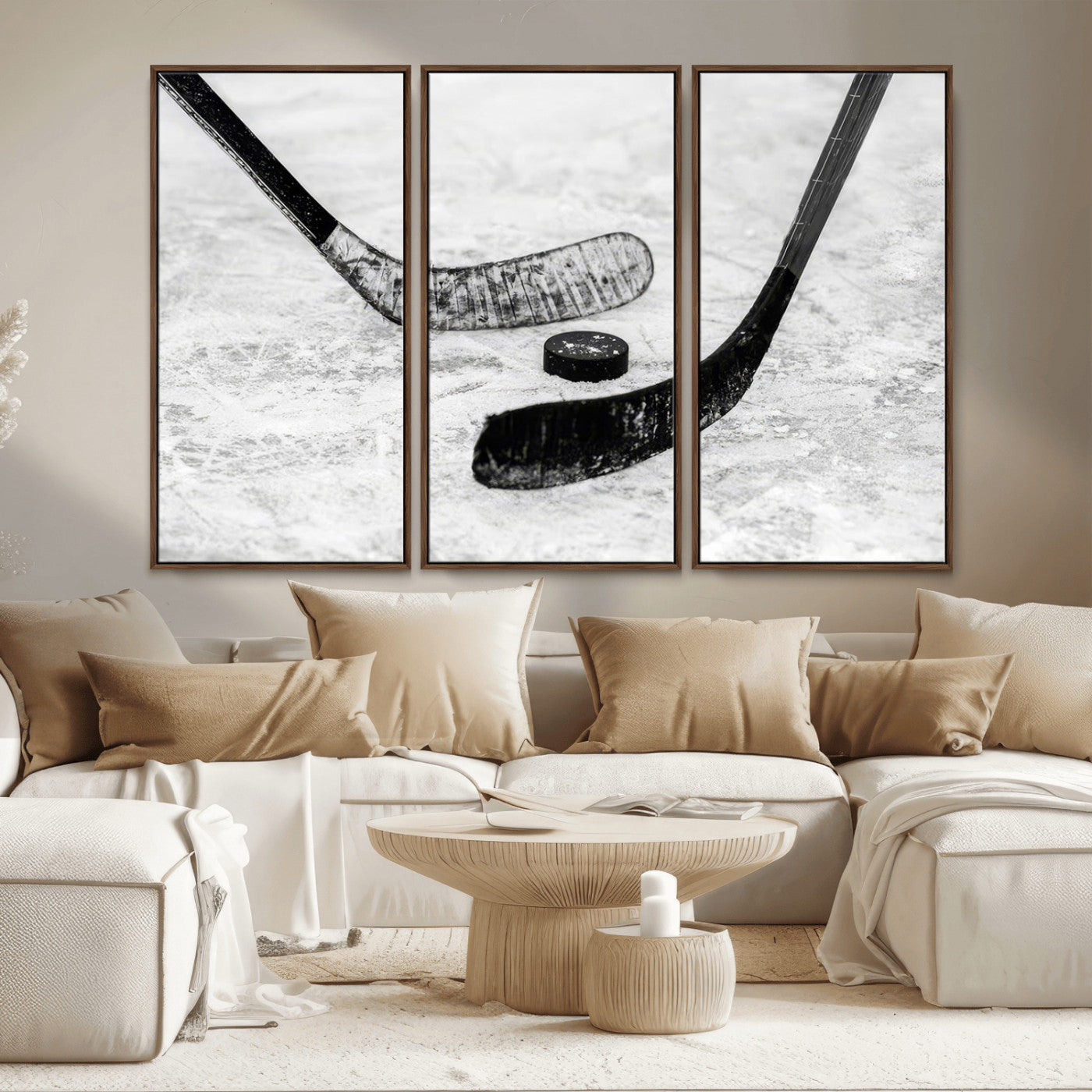 82900-MGV-CV-36X24-Hockey Wall Art – Black and White Canvas Print Ice Rink Sticks Puck Sports Photography, Modern Decor for Game Room, Man Cave,