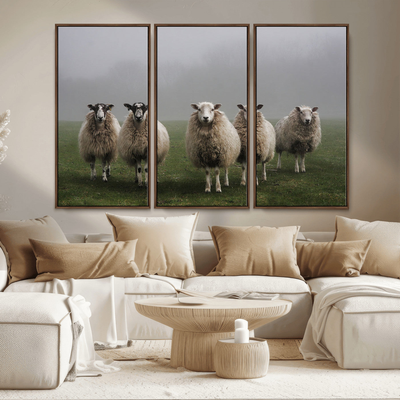 87339-MGV-CV-36X24-Sheep Wall Art – Rustic Farmhouse Canvas Print Flock Standing Misty Field Countryside Photography, Country Animal Decor for Living