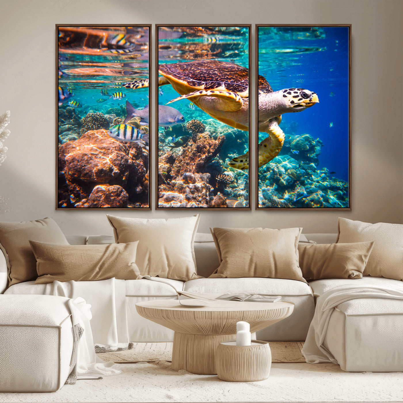 66614-MGV-CV-36X24-Sea Turtle Wall Art – Hawksbill Turtle Swimming Over Coral Reef Canvas Print, Ocean Marine Life Decor for Beach House, Coastal