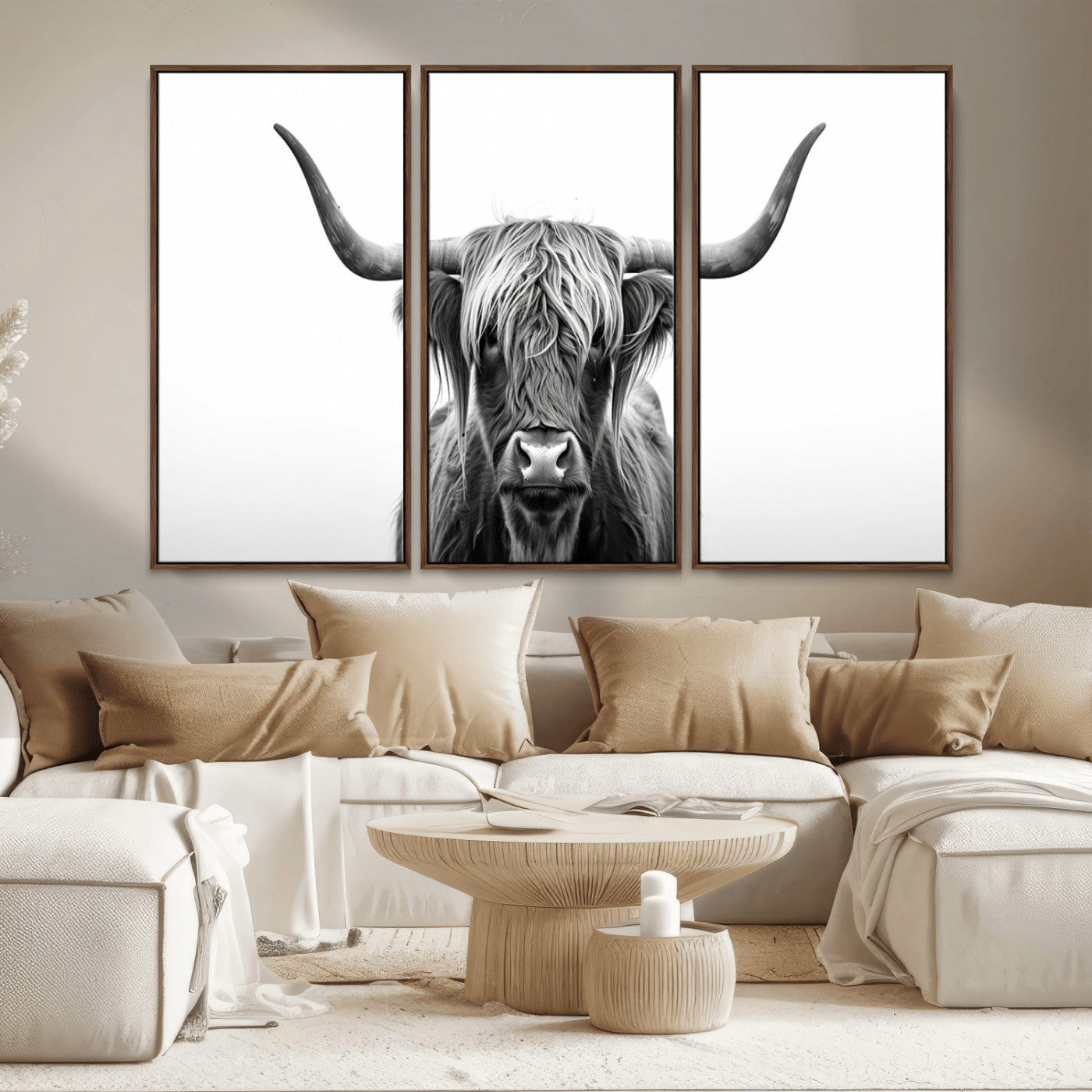 49556-MGV-CV-36X24-Highland Cow Wall Art – Black and White Scottish Highland Cattle Print, Rustic Farmhouse Minimalist Animal Portrait Canvas for
