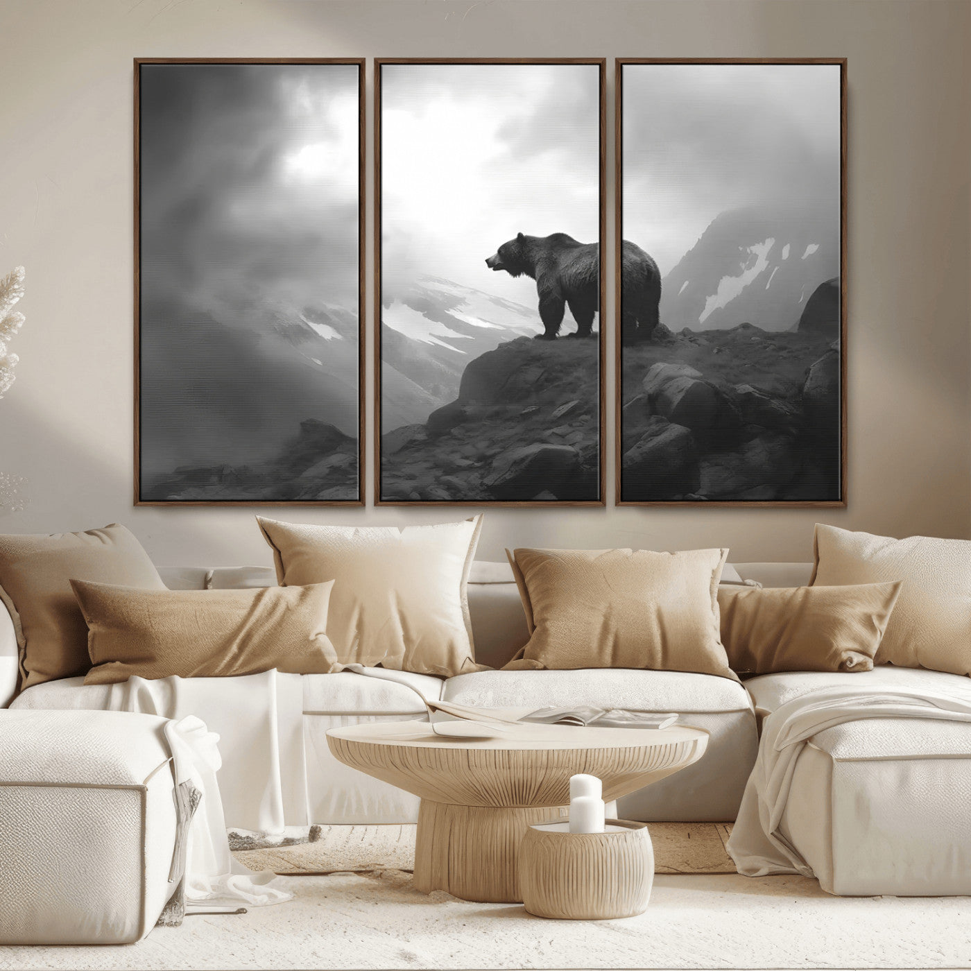 49504-MGV-CV-36X24-Black and White Grizzly Bear Wall Art – Wilderness Wildlife Painting, Rustic Mountain Cabin Decor, Monochrome Animal Print for