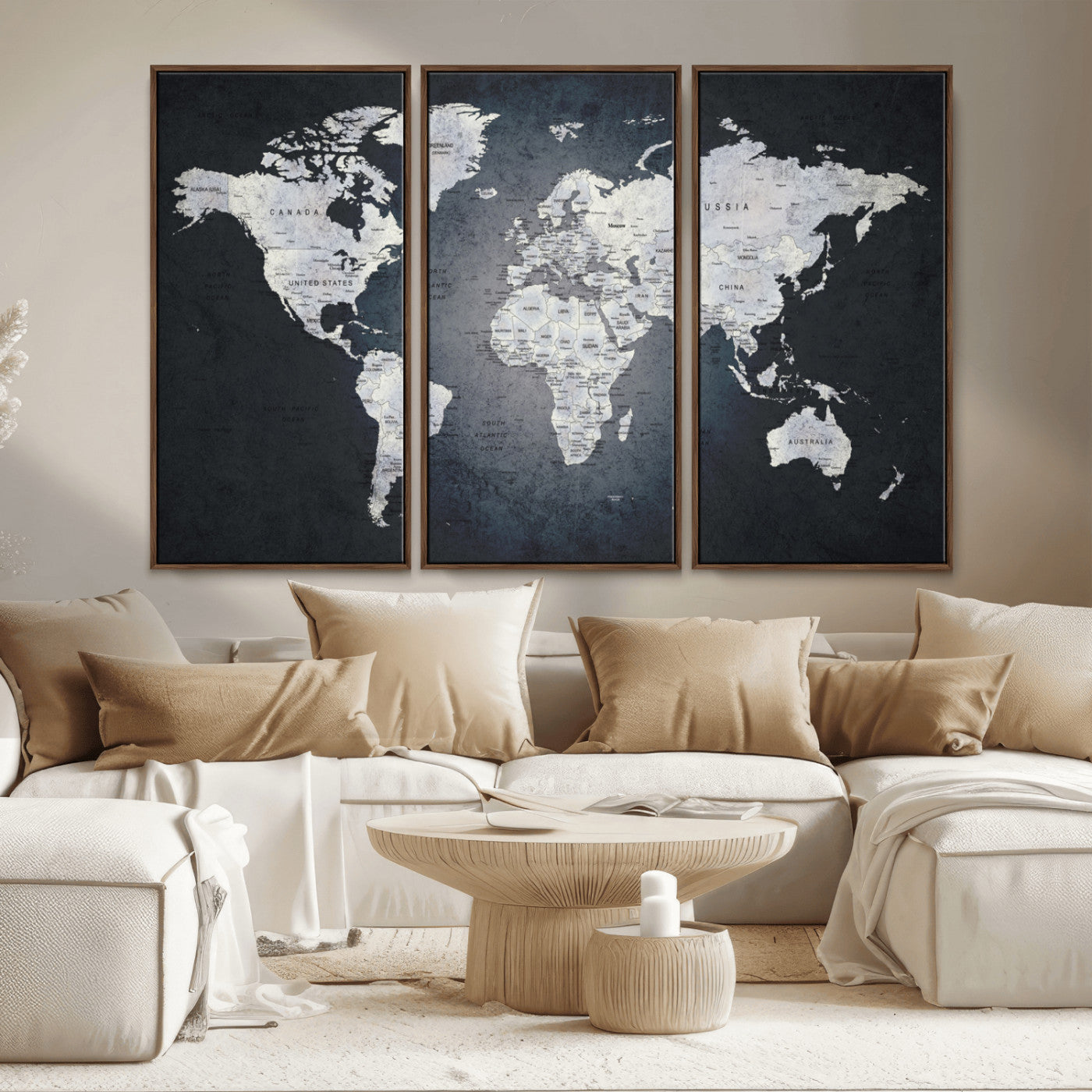 19124-MGV-CV-36X24-Modern World Map Wall Art – Black and White Canvas Print, Minimalist Global Map Decor for Office, Study, Bedroom or Living Room