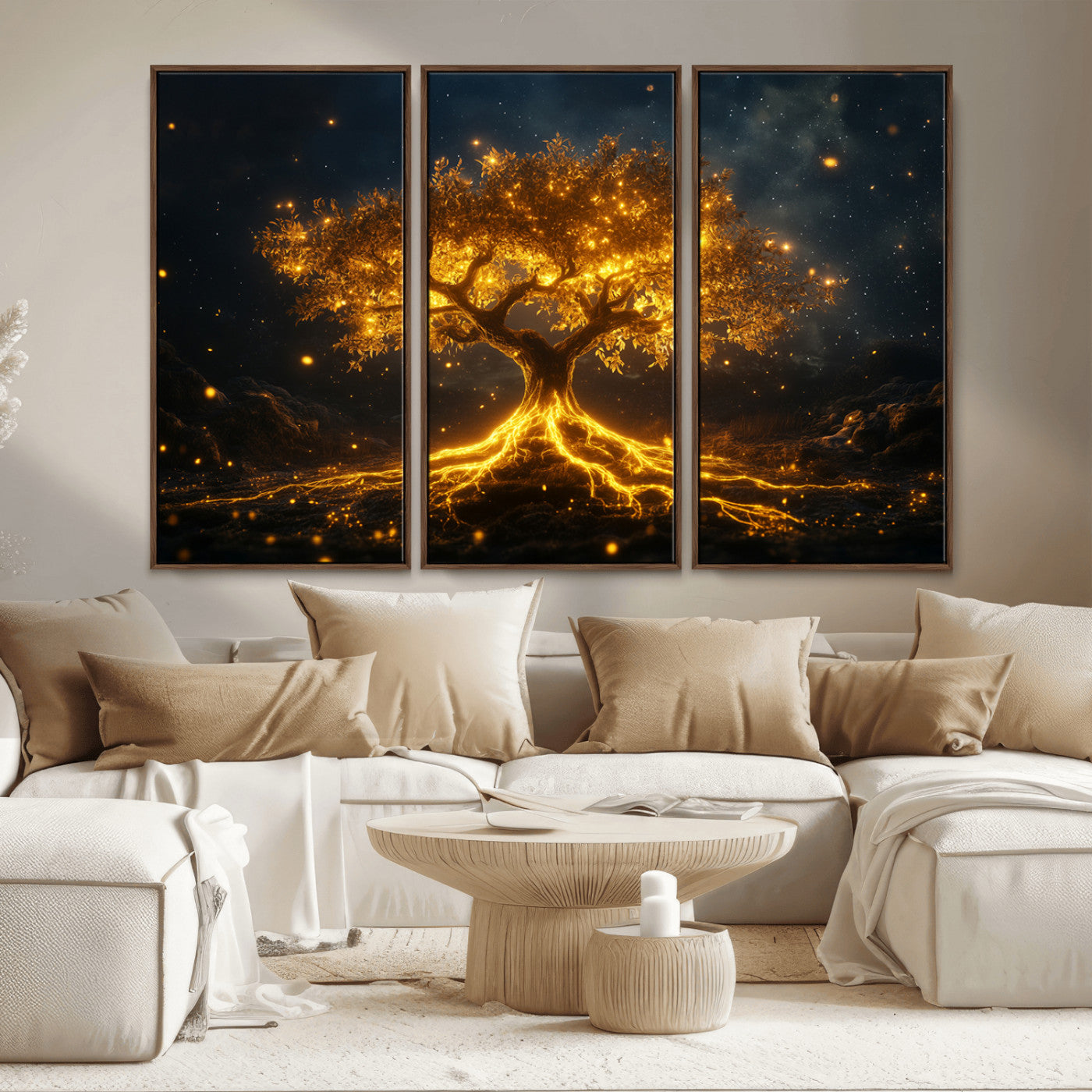 60194-MGV-CV-36X24-Glowing Tree Wall Art – Golden Roots Fantasy Canvas Print, Mystical Illuminated Tree Painting Poster for Living Room, Bedroom,