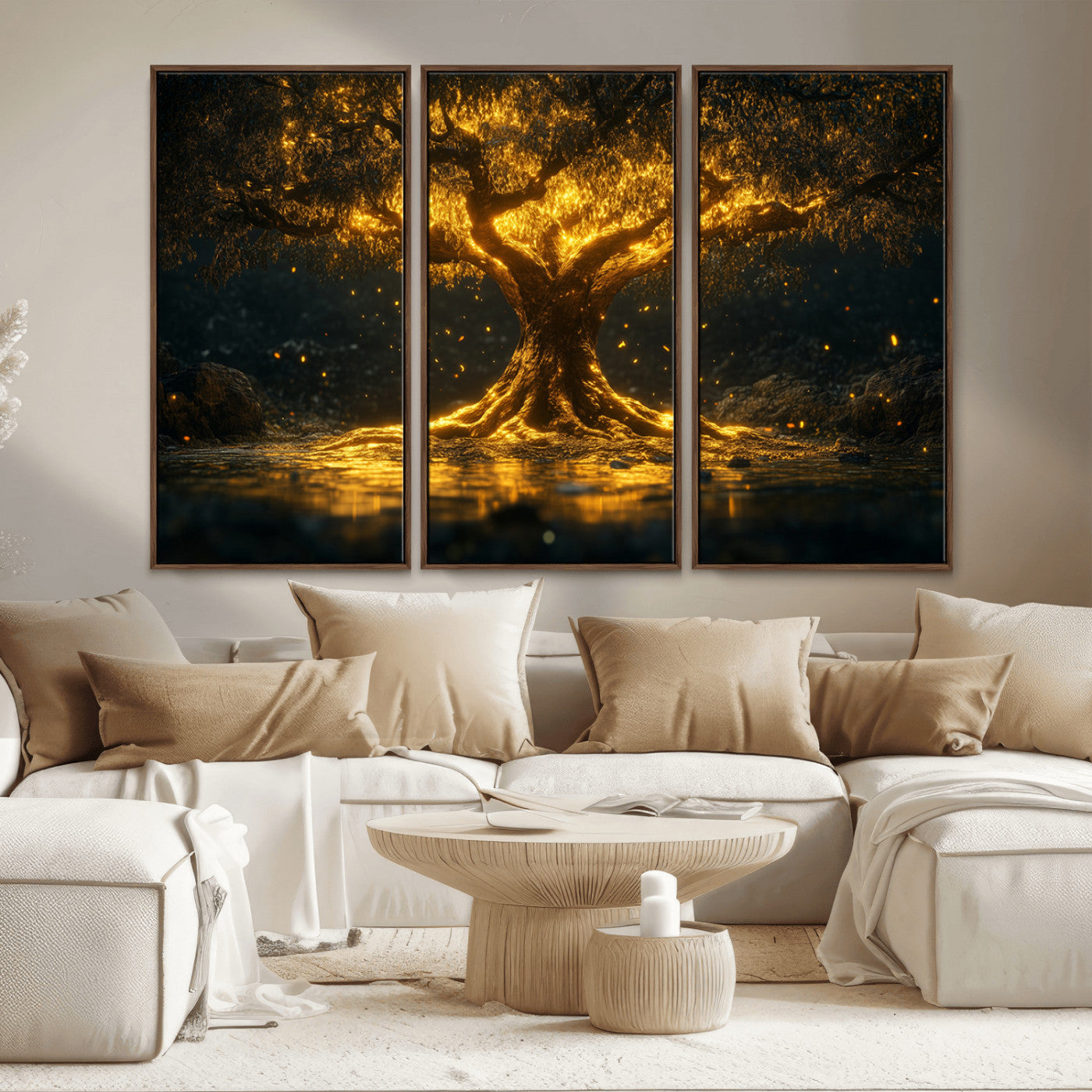 59580-MGV-CV-36X24-Glowing Tree Wall Art – Golden Fantasy Nature Canvas Print, Mystical Illuminated Tree Painting Poster for Living Room, Bedroom,