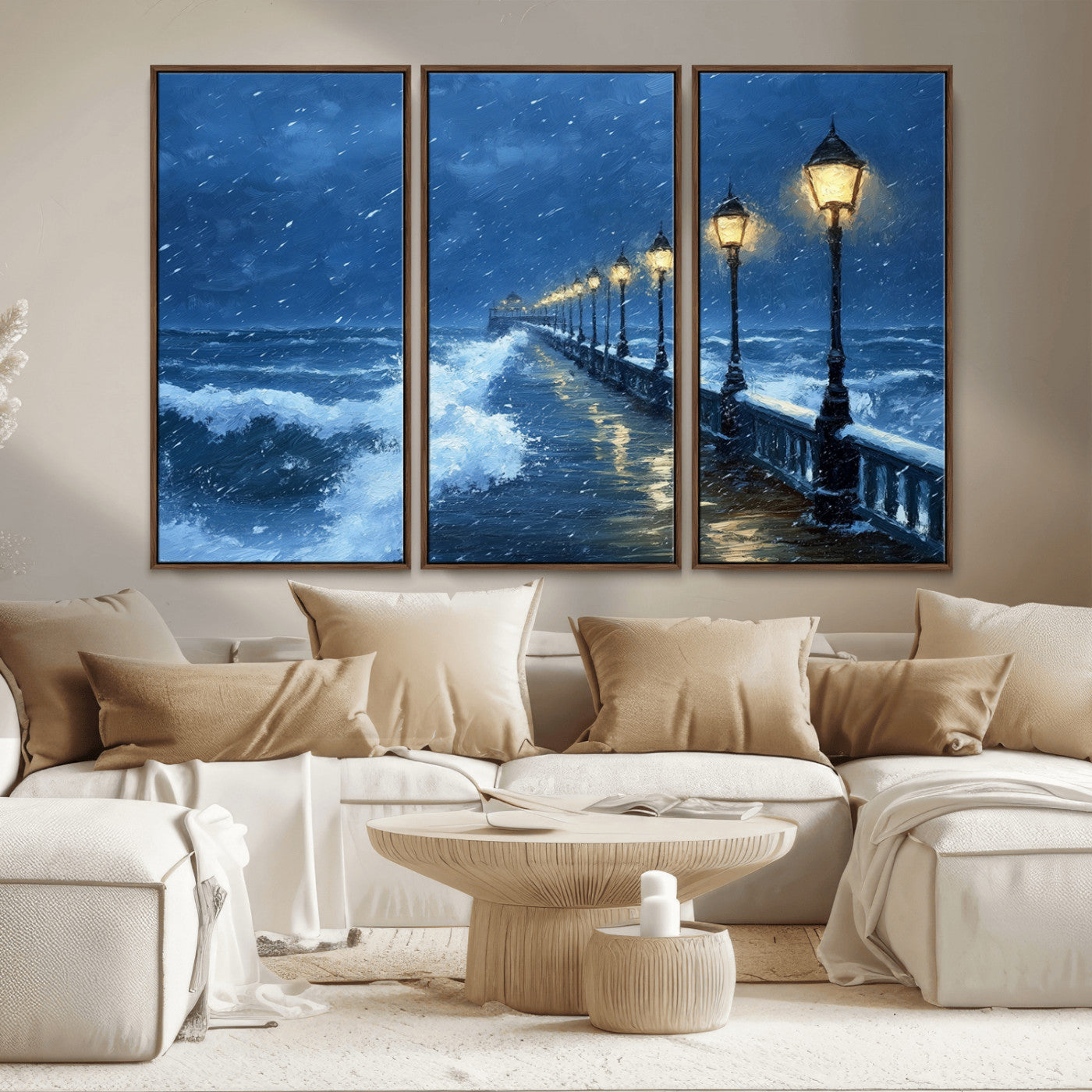 32668-MGV-CV-36X24-Stormy Pier Wall Art – Ocean Waves and Street Lamps Canvas Print, Rainy Night Seascape Oil Painting Poster for Living Room,