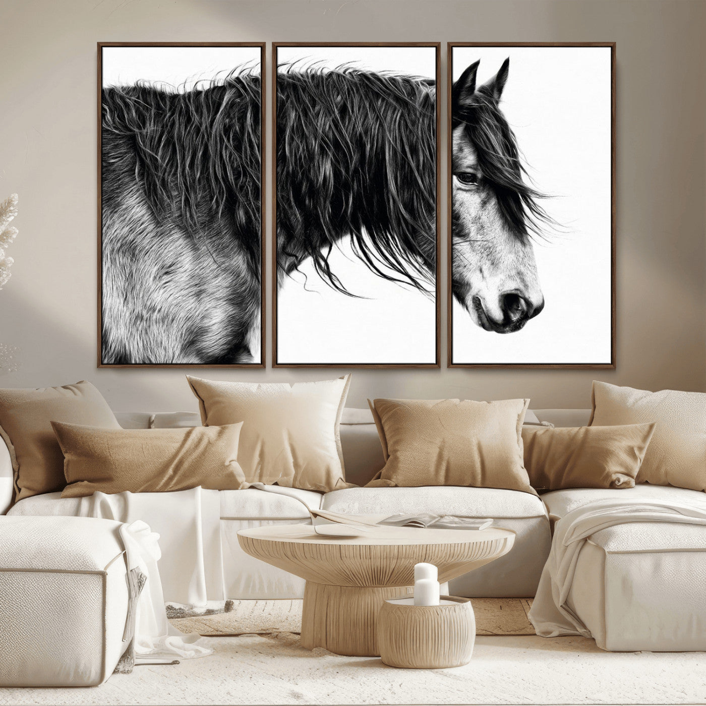 57694-MGV-FC-48X32-3P_Walnut-Horse Portrait Wall Art – Black and White Canvas Print with Detailed Stallion Profile, Rustic Farmhouse Equestrian Artwork for