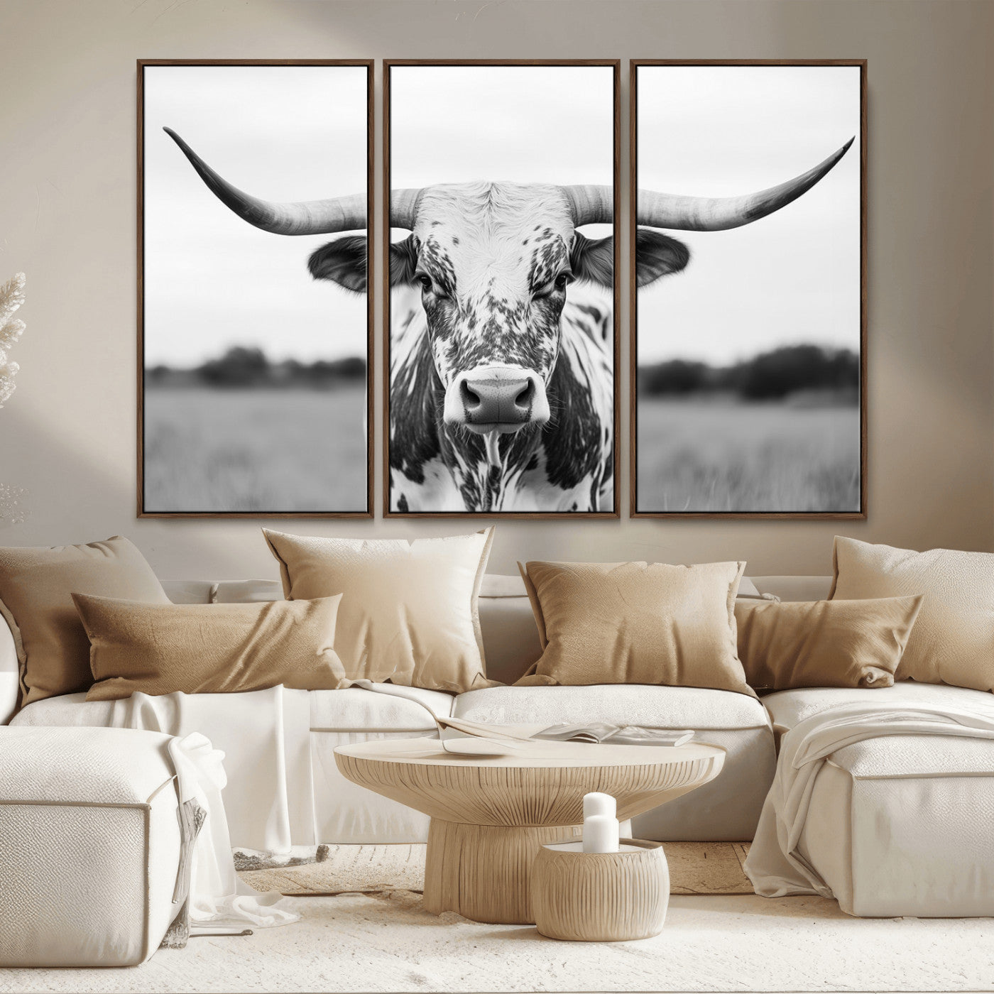 20272-MGV-CV-36X24-Texas Longhorn Wall Art – Black and White Cowboy Western Canvas Print, Rustic Farmhouse Cattle Photography Decor for Ranch, Barn