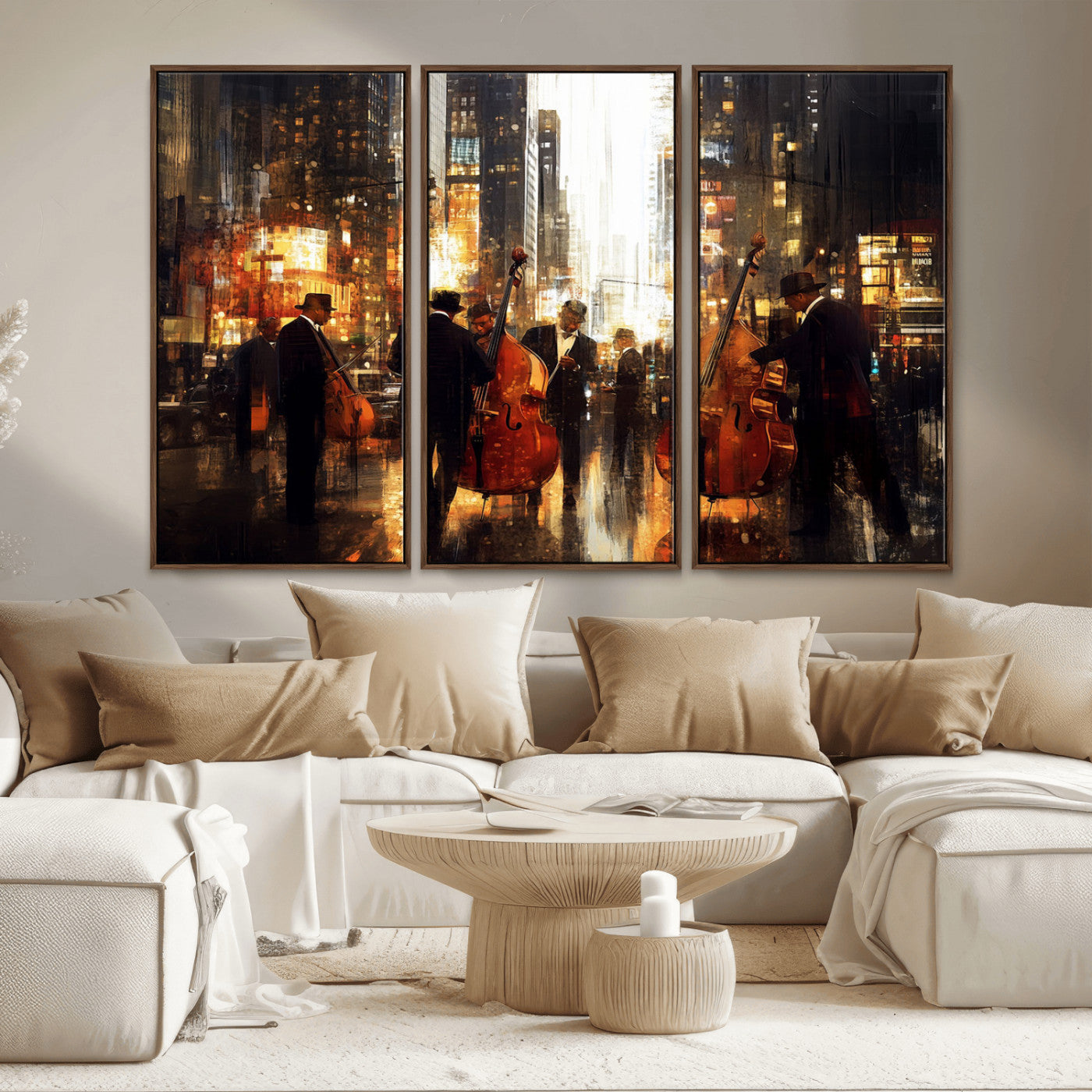 58782-MGV-CV-36X24-Jazz Musicians Cityscape Wall Art – Vibrant Urban Night Canvas Print, Elegant Music Themed Decor for Living Room, Office, or Music
