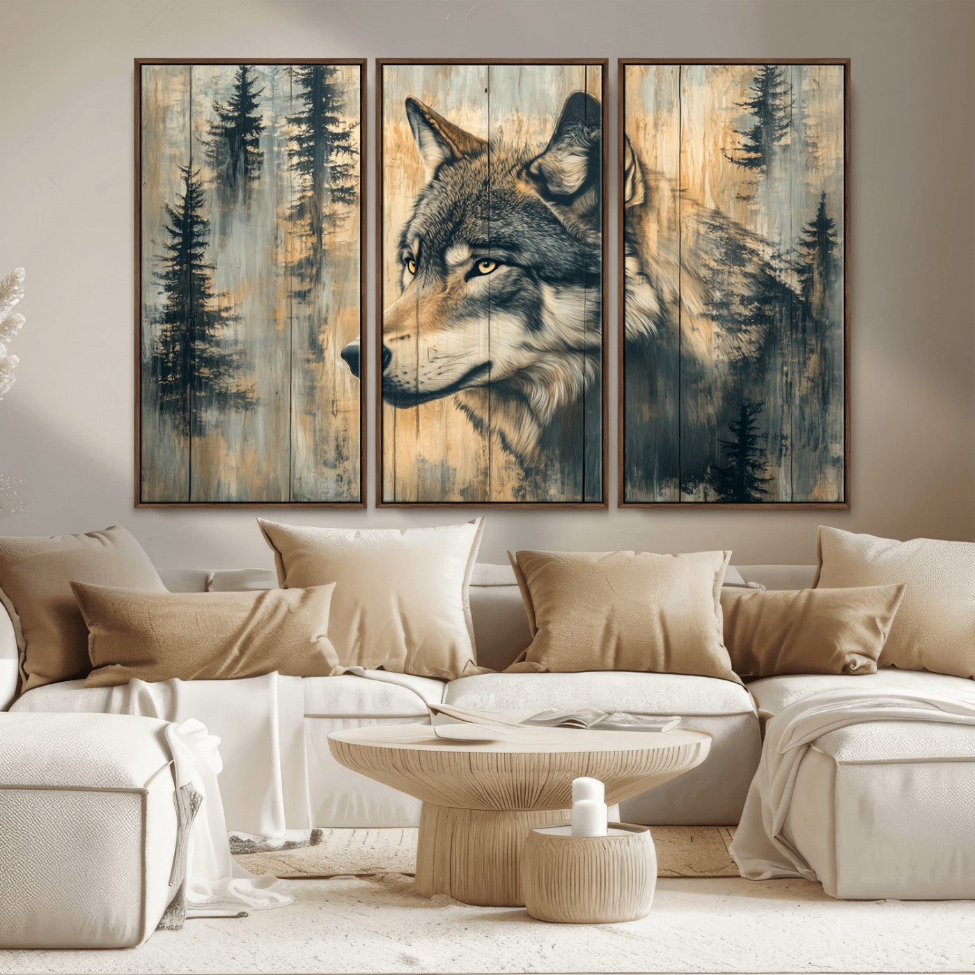 51892-MGV-CV-36X24-Wolf Wall Art – Rustic Canvas Print of Wolf with Forest Trees on Wood Texture, Wildlife Lodge Artwork for Living Room, Bedroom,