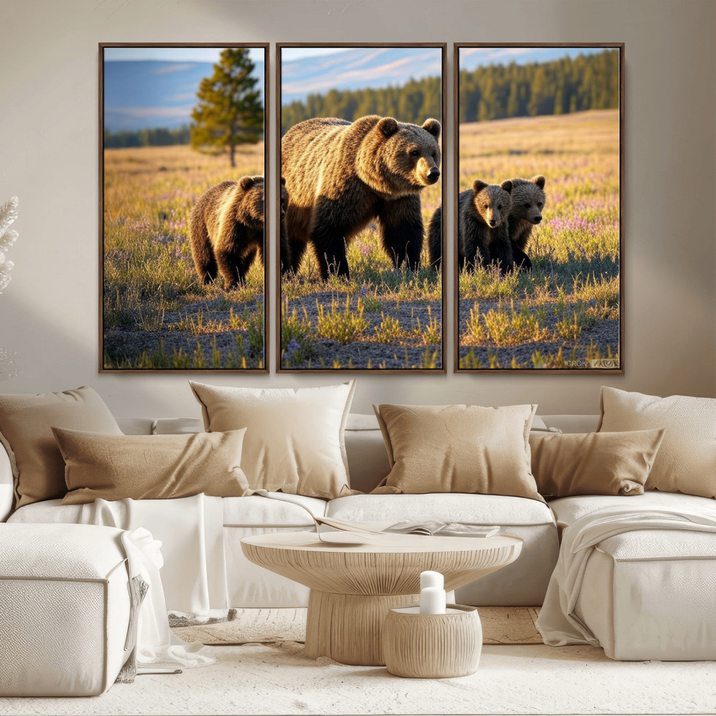 43400-MGV-CV-36X24-Bear Family Wall Art – Wildlife Canvas Print of Mother Bear with Cubs in Sunlit Meadow, Rustic Animal Artwork for Living Room,