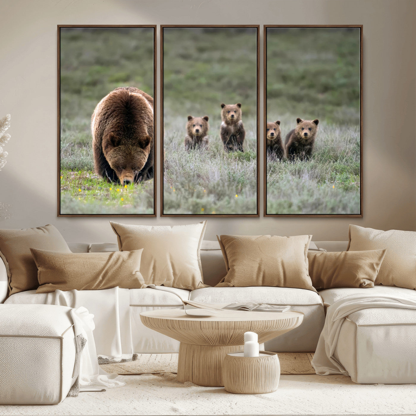 40555-MGV-CV-36X24-Bear Family Wall Art – Wildlife Canvas Print of Mother Bear with Four Cubs in Nature, Rustic Animal Artwork for Living Room,