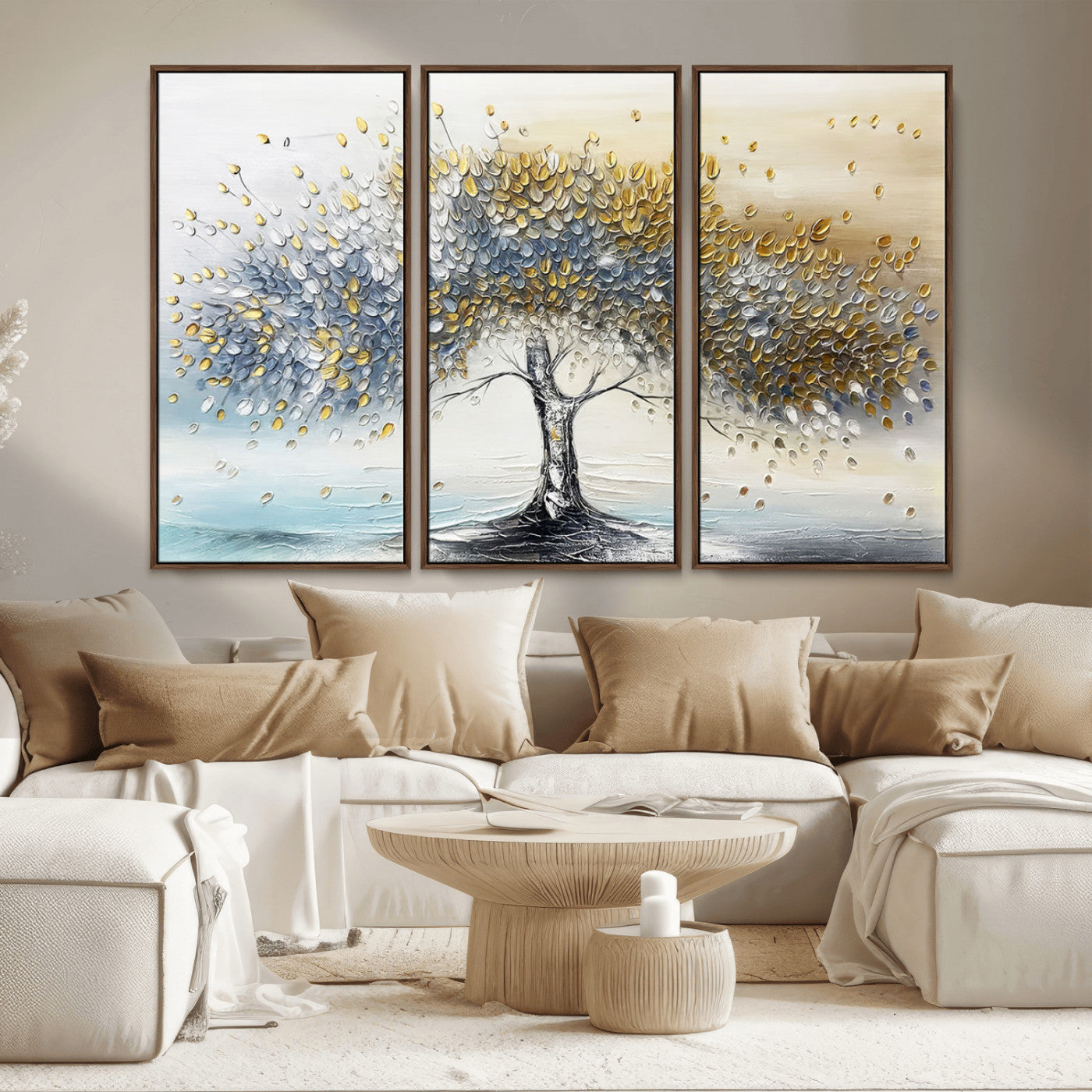 24771-MGV-CV-36X24-Silver Tree Wall Art Canvas Print, Framed Golden Leaves Art Picture Print, Metallic Tree Perfect Minimalist Luxury Decor Artwork