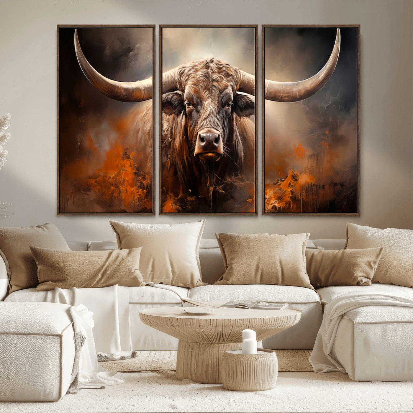240479-MGV-CV-36X24-Longhorn Bull Wall Art – Dramatic Western Canvas Print Featuring Horned Bull with Fiery Background, Rustic Farmhouse Artwork for
