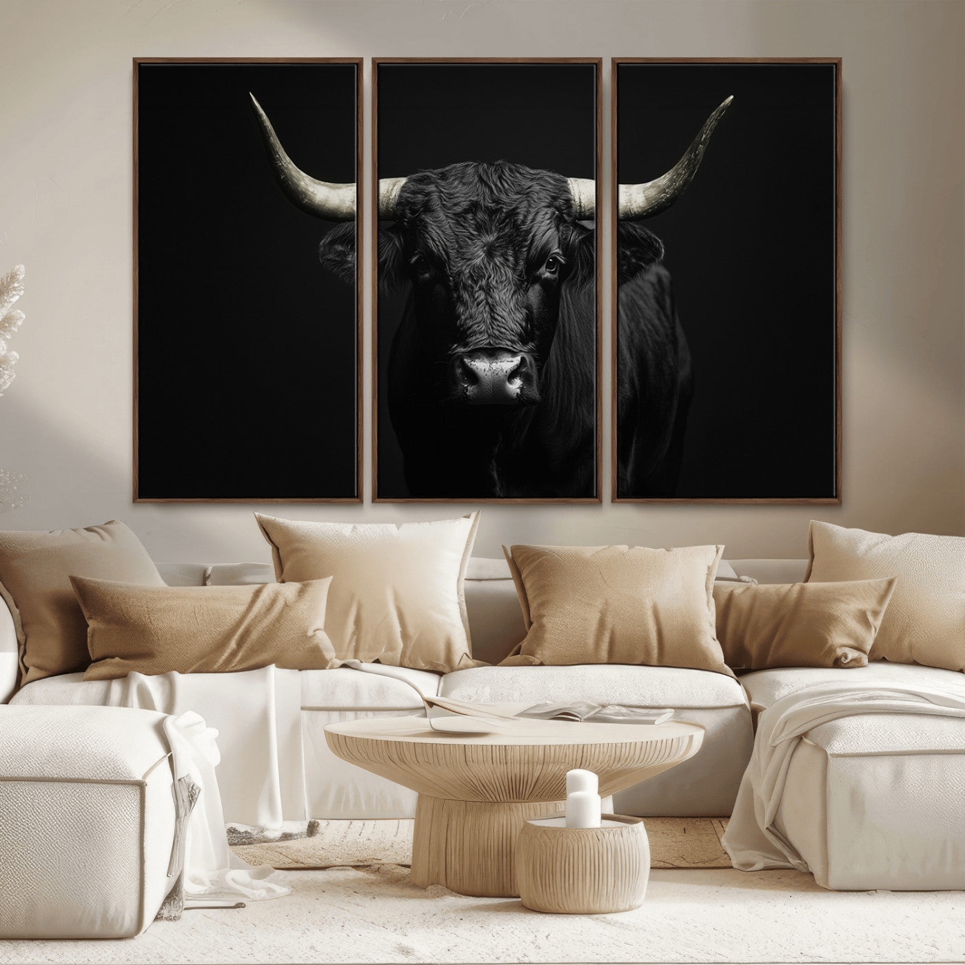 97914921-MGV-CV-36X24-Black Bull Wall Art Canvas Print, Framed Longhorn Bull Art Picture Print, Western Bull Perfect Monochrome Western Decor Artwork