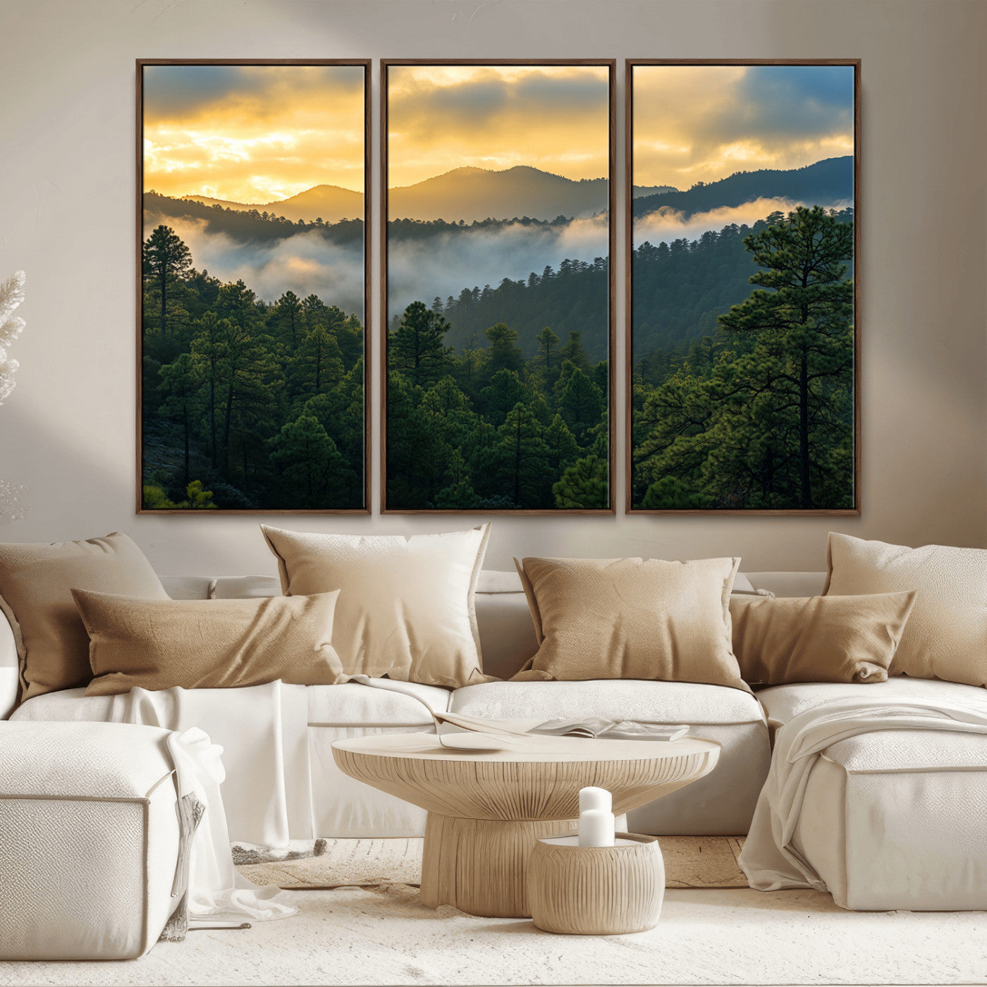 68082278-MGV-CV-36X24-Mountain Sunrise Wall Art Canvas Print, Framed Pine Forest Art Picture Print, Misty Mountains Perfect Earthy Woodland Decor