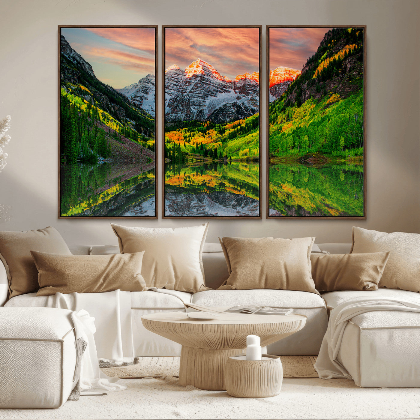 59533484-MGV-CV-36X24-Maroon Bells Autumn Wall Art – Panoramic Mountain Landscape Canvas Print, Sunset Reflection Nature Artwork for Living Room, Office