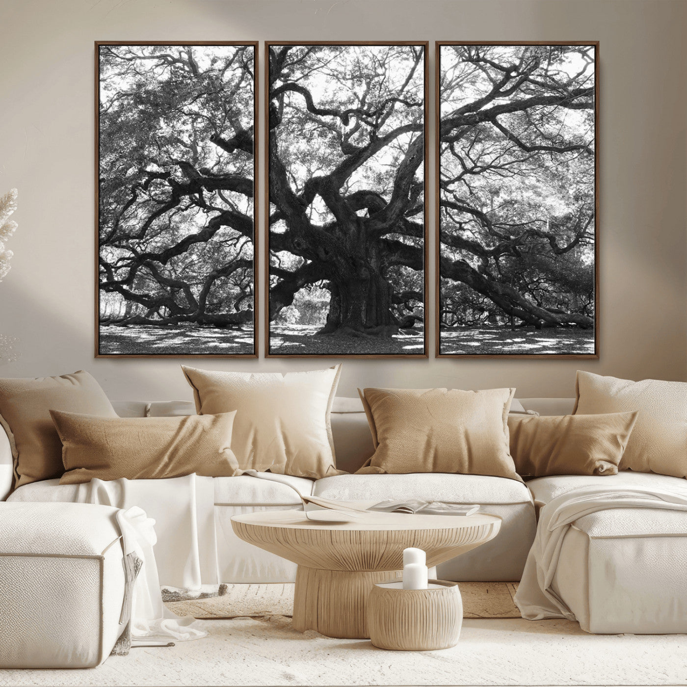 81655611-MGV-FC-48X32-3P_Walnut-Ancient Oak Wall Art Canvas Print, Framed Twisted Branches Art Picture Print, Gnarled Tree Perfect Moody Nature Decor Artwork
