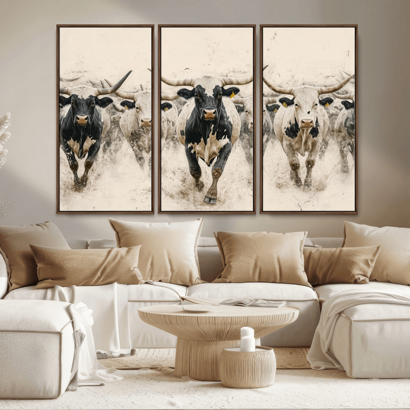 61538944-MGV-CV-36X24-Texas Longhorn Wall Art Canvas Print, Framed Cattles Walking Art Picture Print, Black White Bulls Perfect Rustic Western Decor
