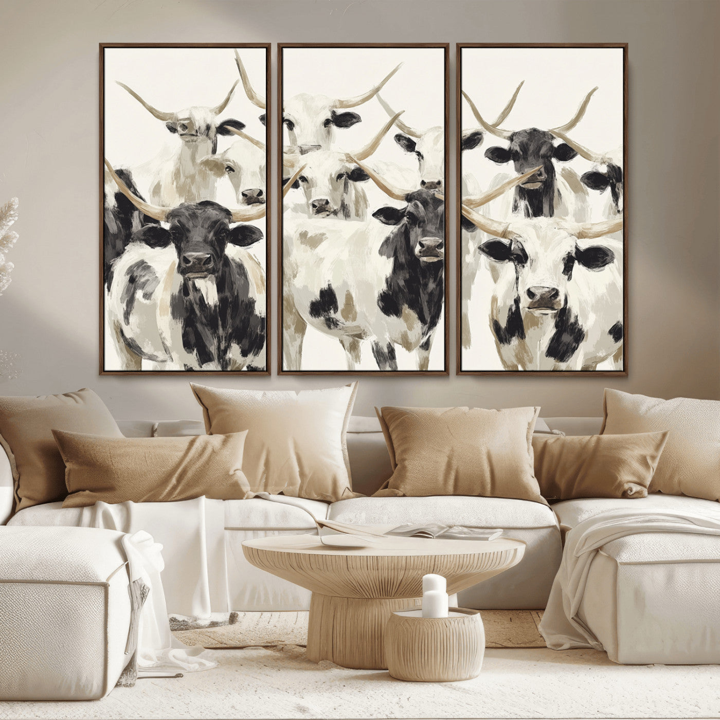 52947970-MGV-CV-36X24-Texas Longhorn Wall Art Canvas Print, Framed Cattle Herd Art Picture Print, Herd Portrait Perfect Modern Farmhouse Decor Artwork