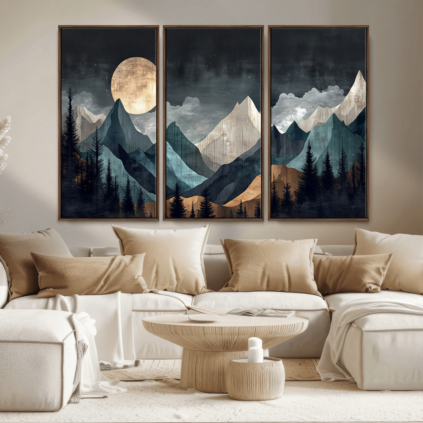 11060882-MGV-CV-36X24-Moonlit Mountains Wall Art Canvas Print, Framed Forest Silhouette Art Picture Print, Night Landscape Perfect Modern Forest Decor