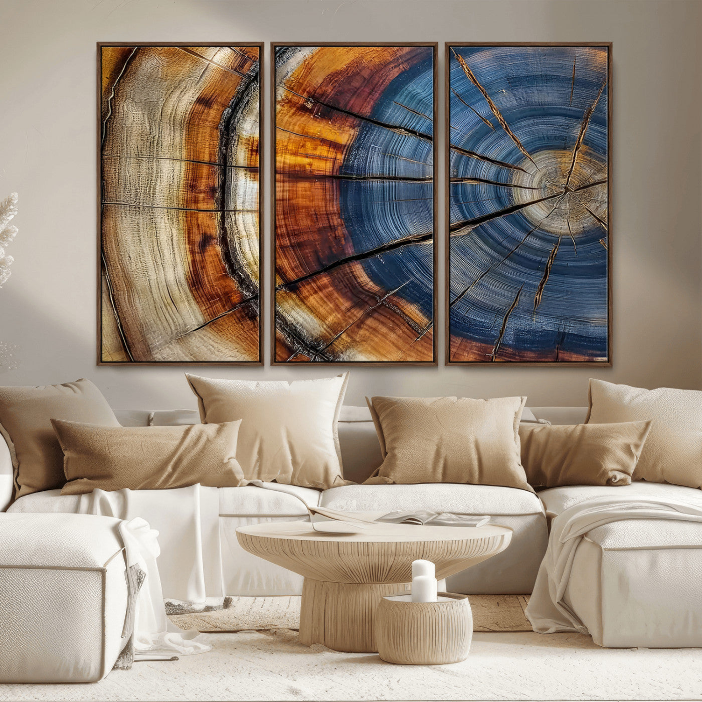 18032999-MGV-CV-36X24-Tree Ring Wall Art – Blue Brown Abstract Wood Slice Canvas Print, Rustic Modern Nature Decor for Living Room, Office, Bedroom or