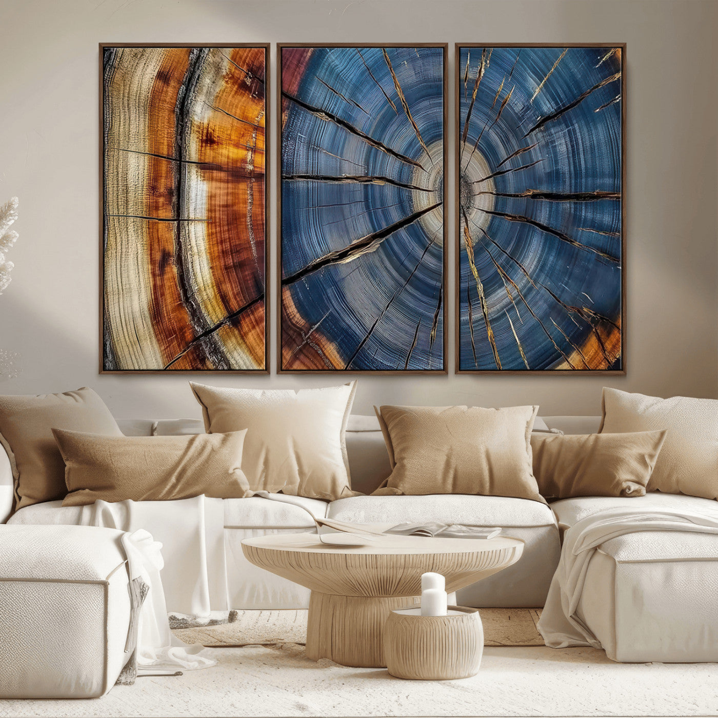 82059233-MGV-CV-36X24-Rustic Tree Ring Wall Art – Natural Wood Texture Canvas Print, Framed Abstract Tree Stump for Farmhouse, Log Cabin, Wooden House