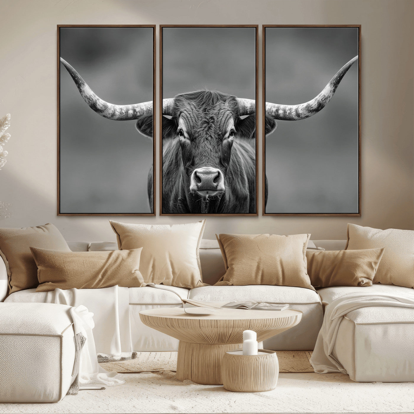 81228550-MGV-CV-36X24-Framed Texas Longhorn Bull Art Canvas Print, Western Bull Wall Art Print, Long Horn Bull Photo Print for Log Cabin, Large Bull