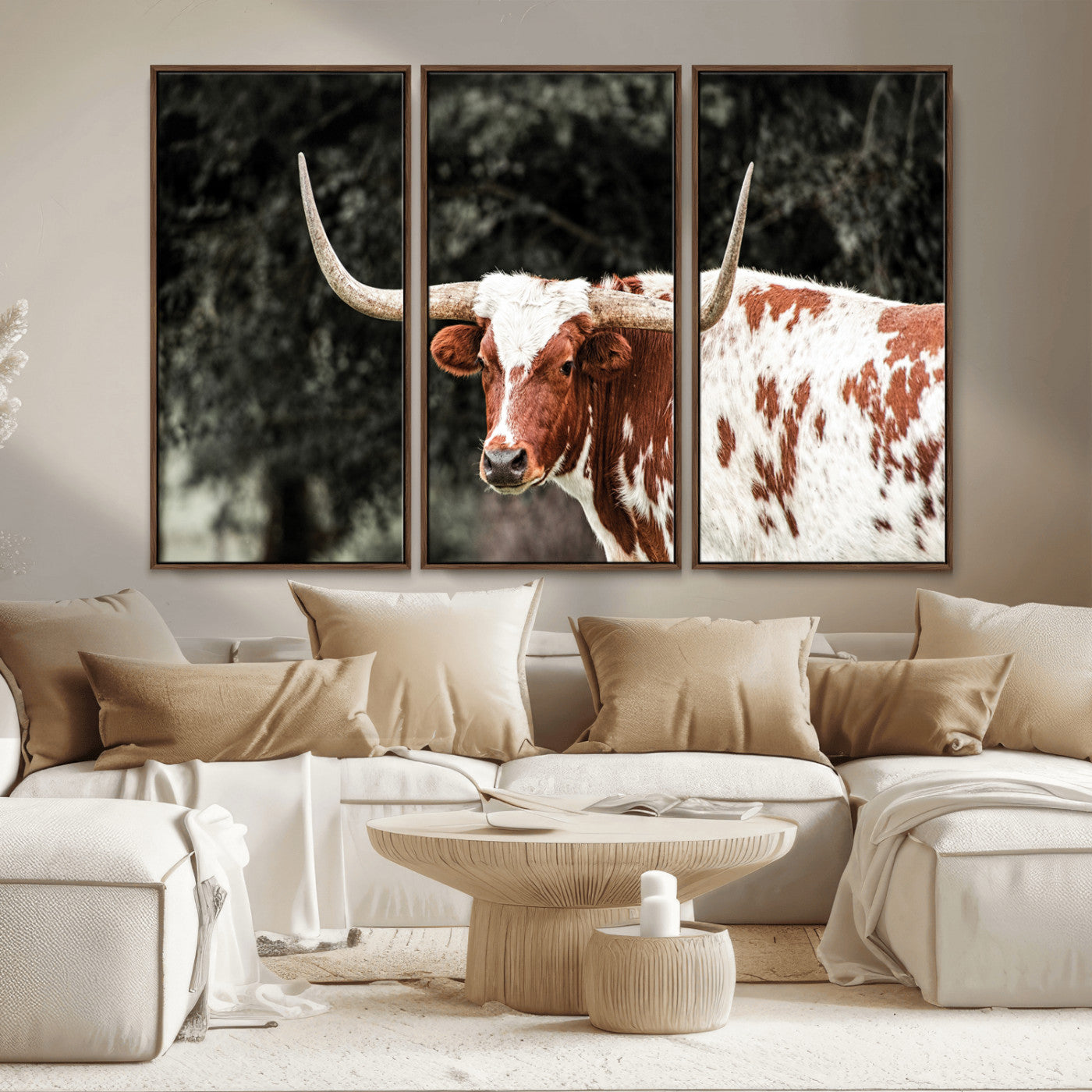 54027638-MGV-CV-36X24-Texas Longhorn Wall Art Canvas Print, Framed Spotted Cow Art Picture Print, Horned Bull Perfect Rustic Western Decor Artwork