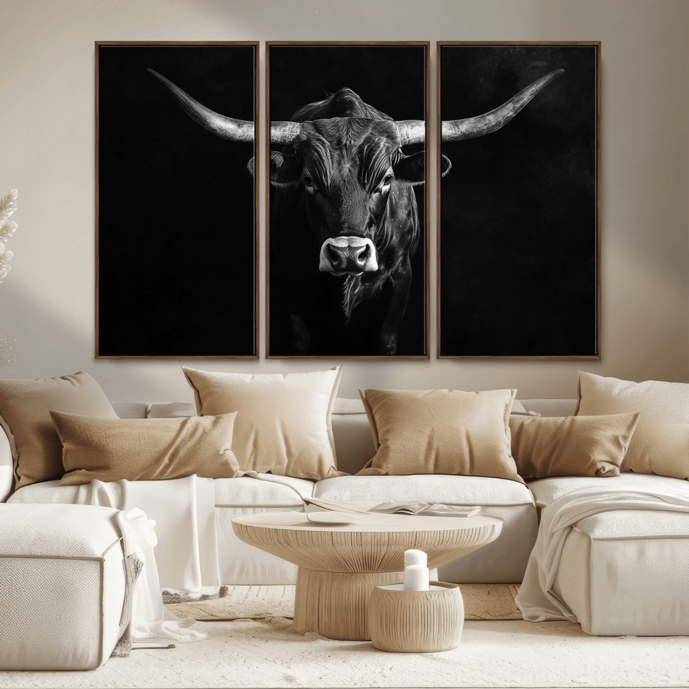 42077175-MGV-CV-36X24-Texas Longhorn Wall Art Canvas Print, Framed Monochrome Bull Art Picture Print, Horned Bull Perfect Rustic Western Decor Artwork